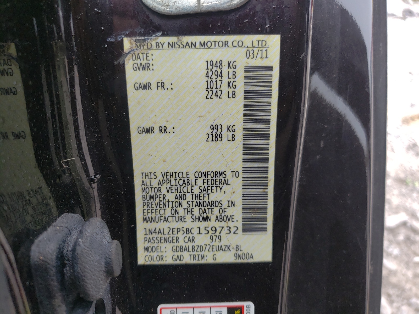 Zdjęcie 10 z aukcji – 2011 NISSAN ALTIMA S z VIN 1N4AL2EP5BC159732
