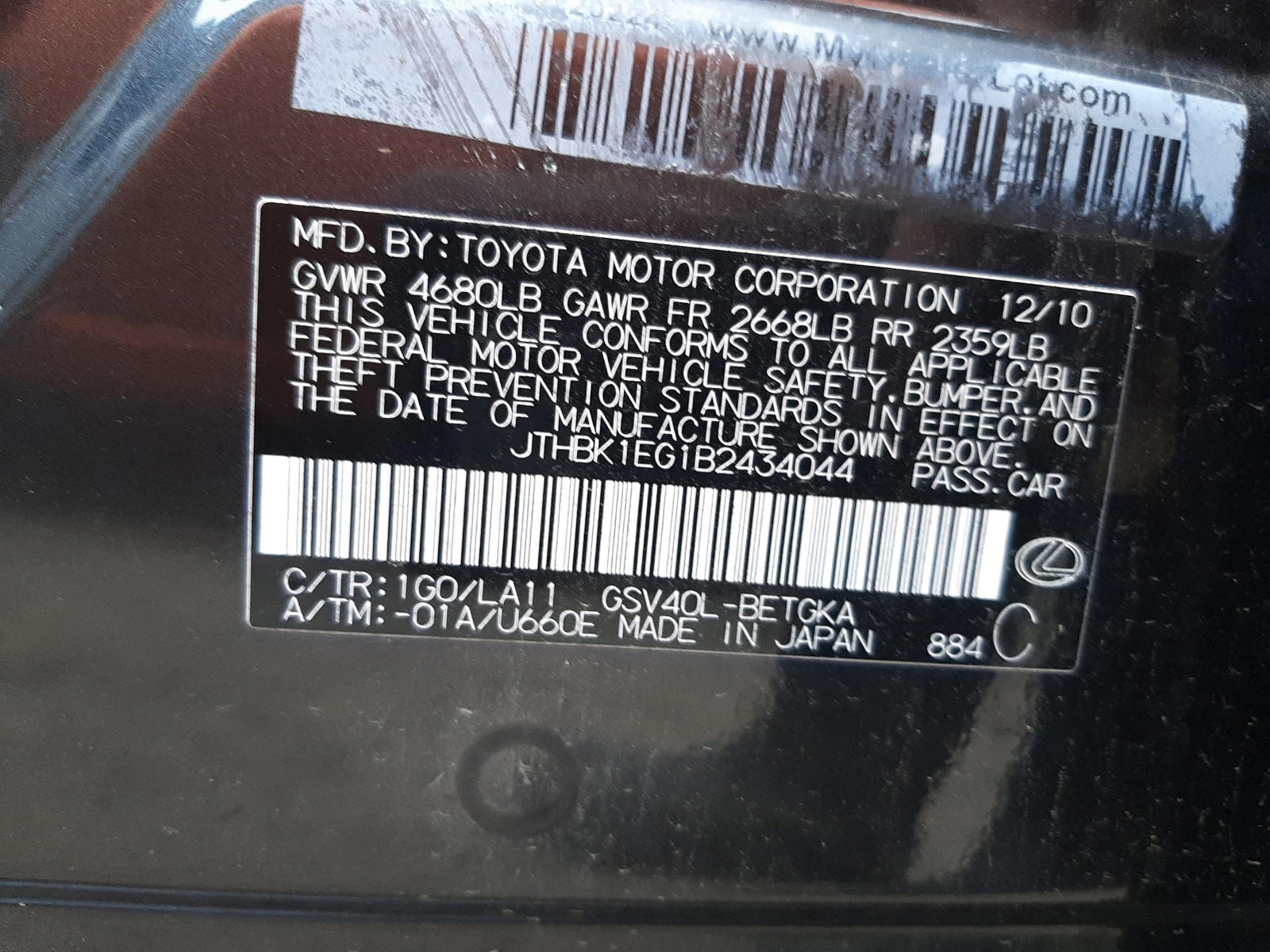 Photo 10 from auction – 2011 LEXUS ES 350 with VIN JTHBK1EG1B2434044