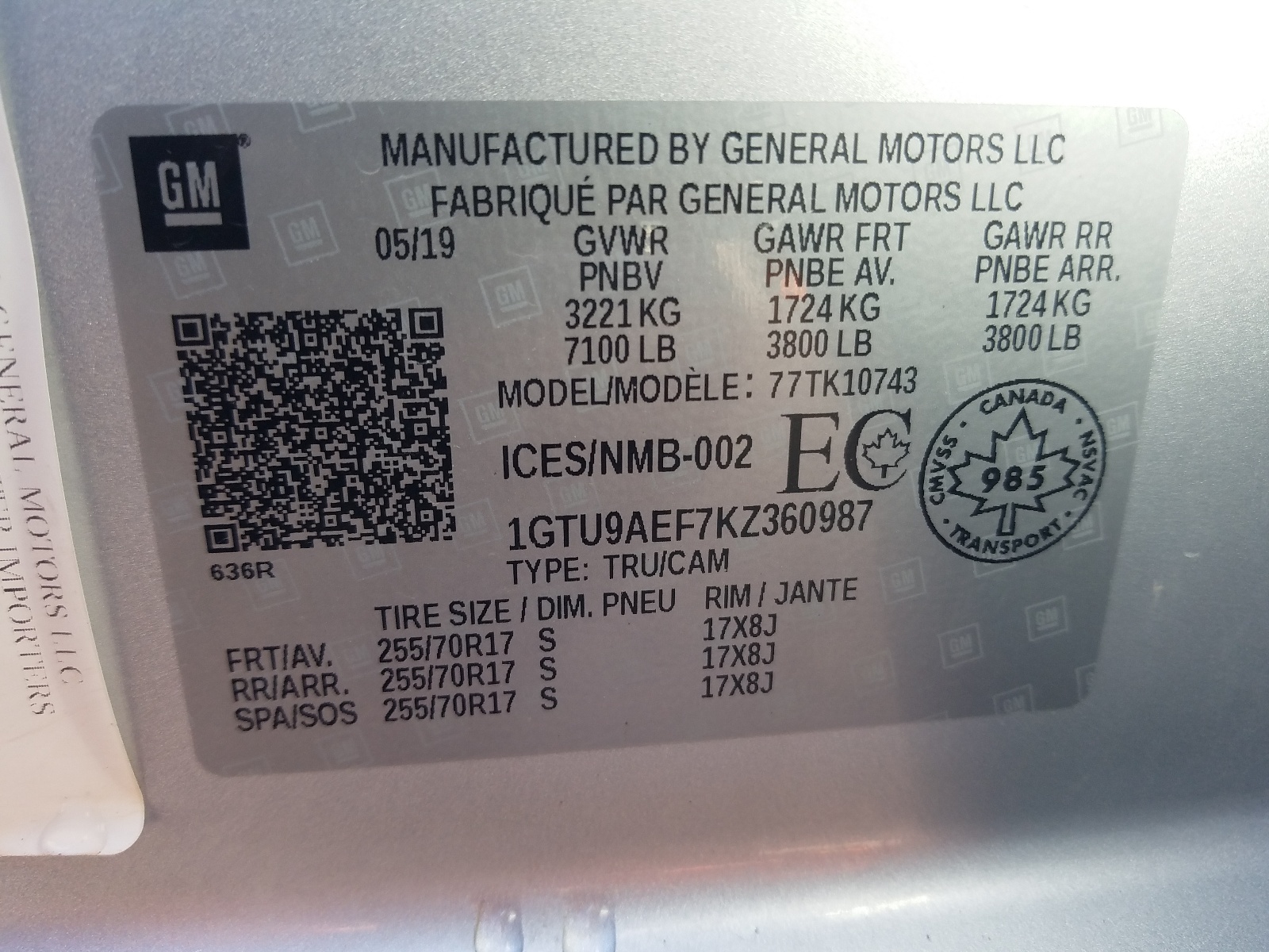 Photo 10 from auction – 2019 GMC SIERRA K15 with VIN 1GTU9AEF7KZ360987