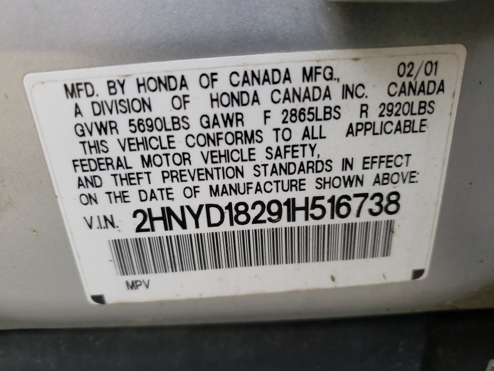Photo 10 from auction – 2001 ACURA MDX with VIN 2HNYD18291H516738