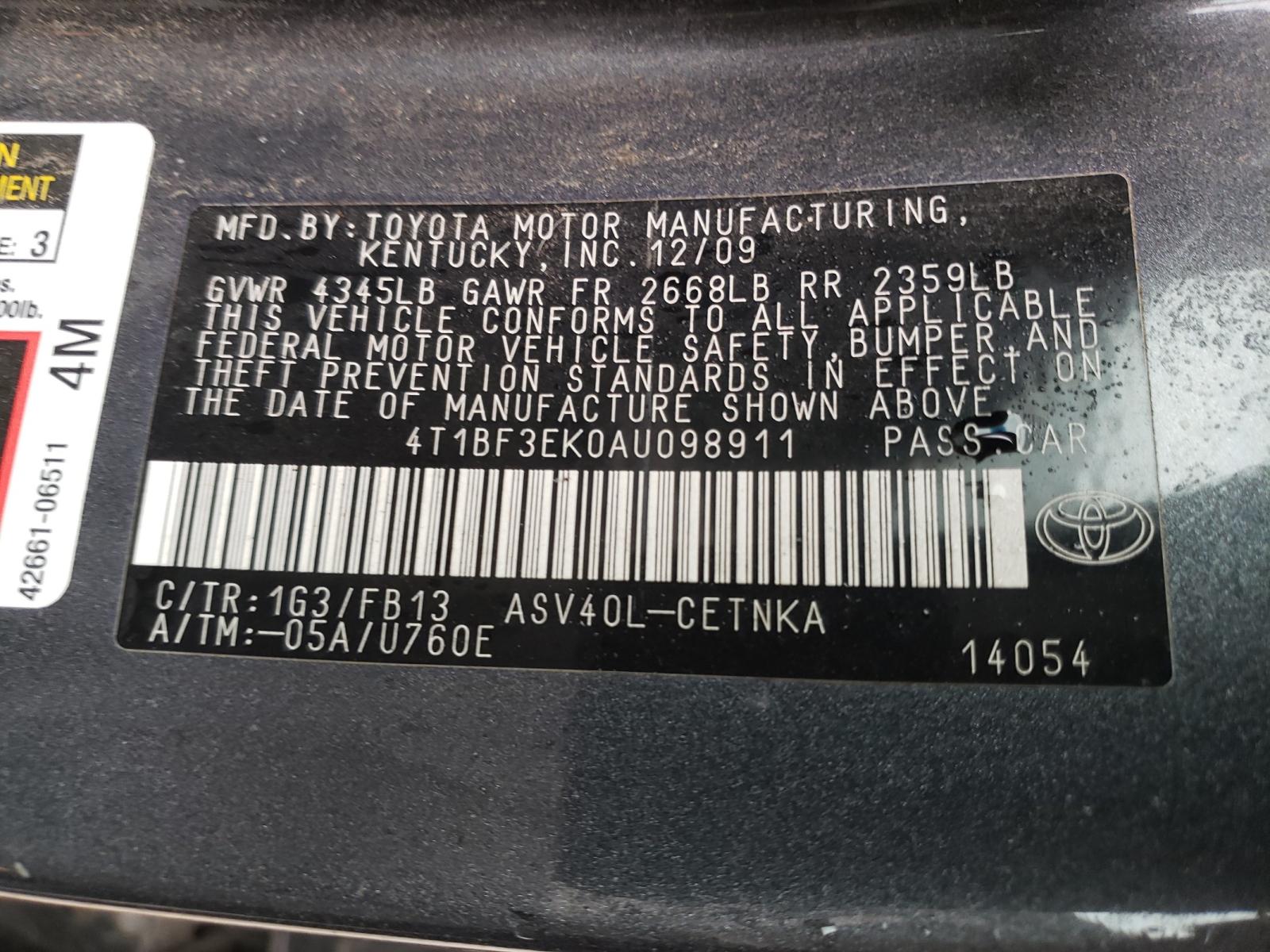 Photo 10 from auction – 2010 TOYOTA CAMRY with VIN 4T1BF3EK0AU098911