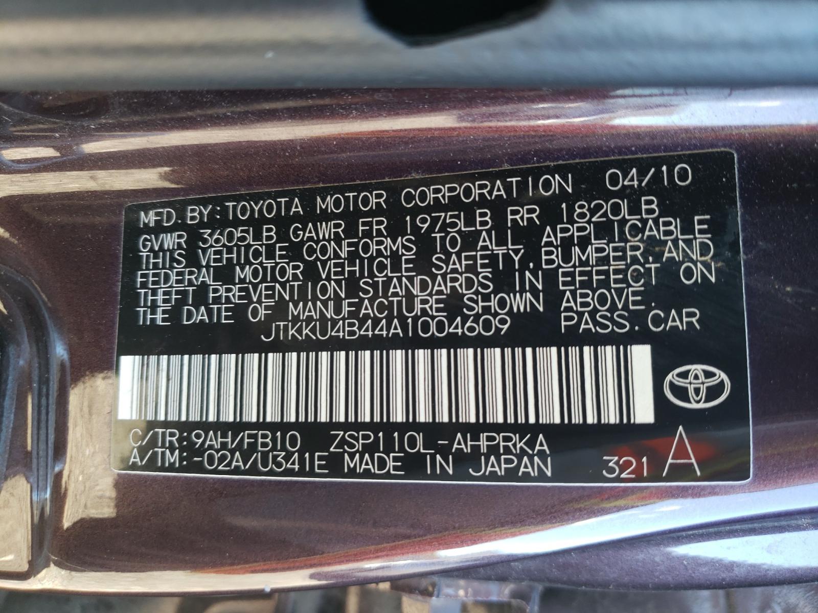 Photo 10 from auction – 2010 TOYOTA SCION XD with VIN JTKKU4B44A1004609