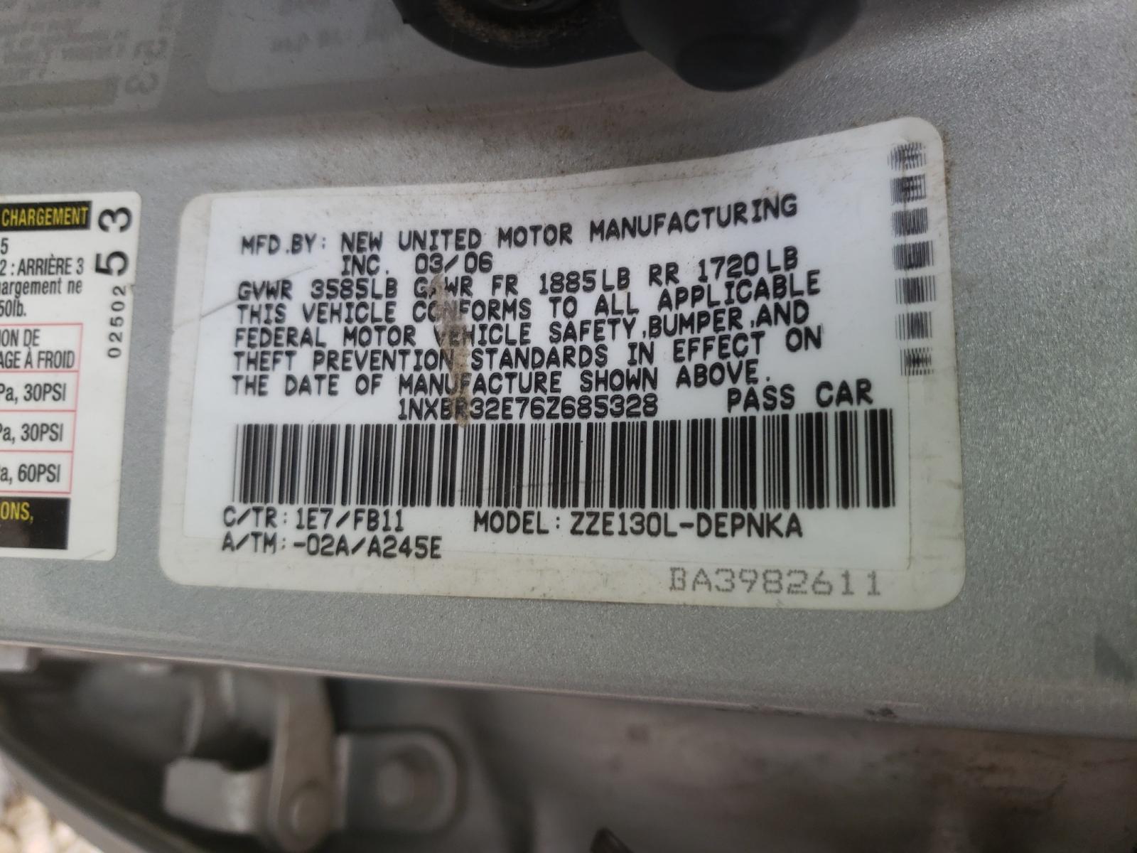 Photo 10 from auction – 2006 TOYOTA COROLLA with VIN 1NXBR32E76Z685328
