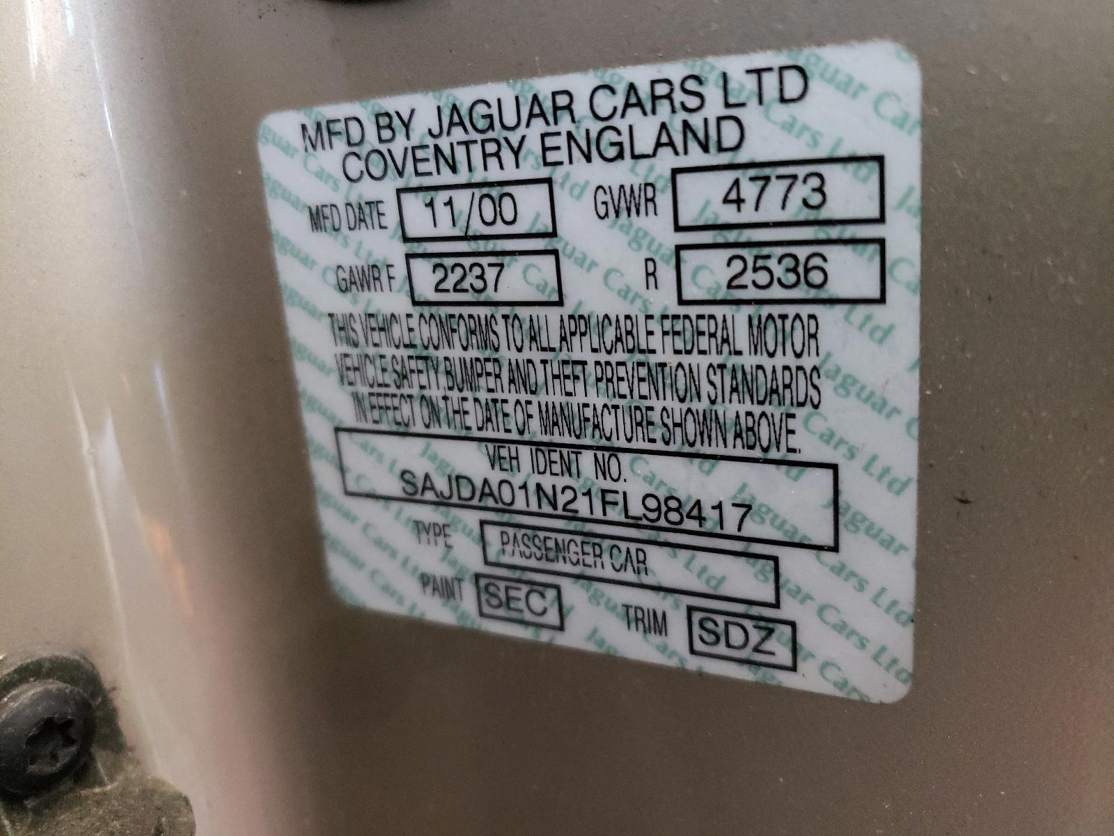 Photo 10 from auction – 2001 JAGUAR S-TYPE with VIN SAJDA01N21FL98417