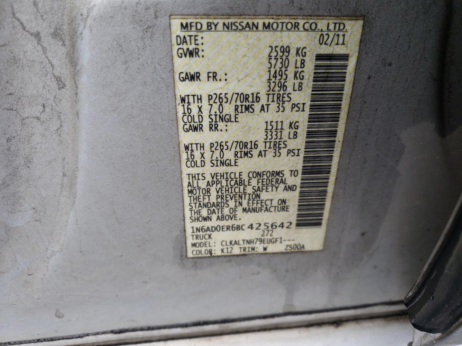 Photo 10 from auction – 2011 NISSAN FRONTIER S with VIN 1N6AD0ER6BC425642
