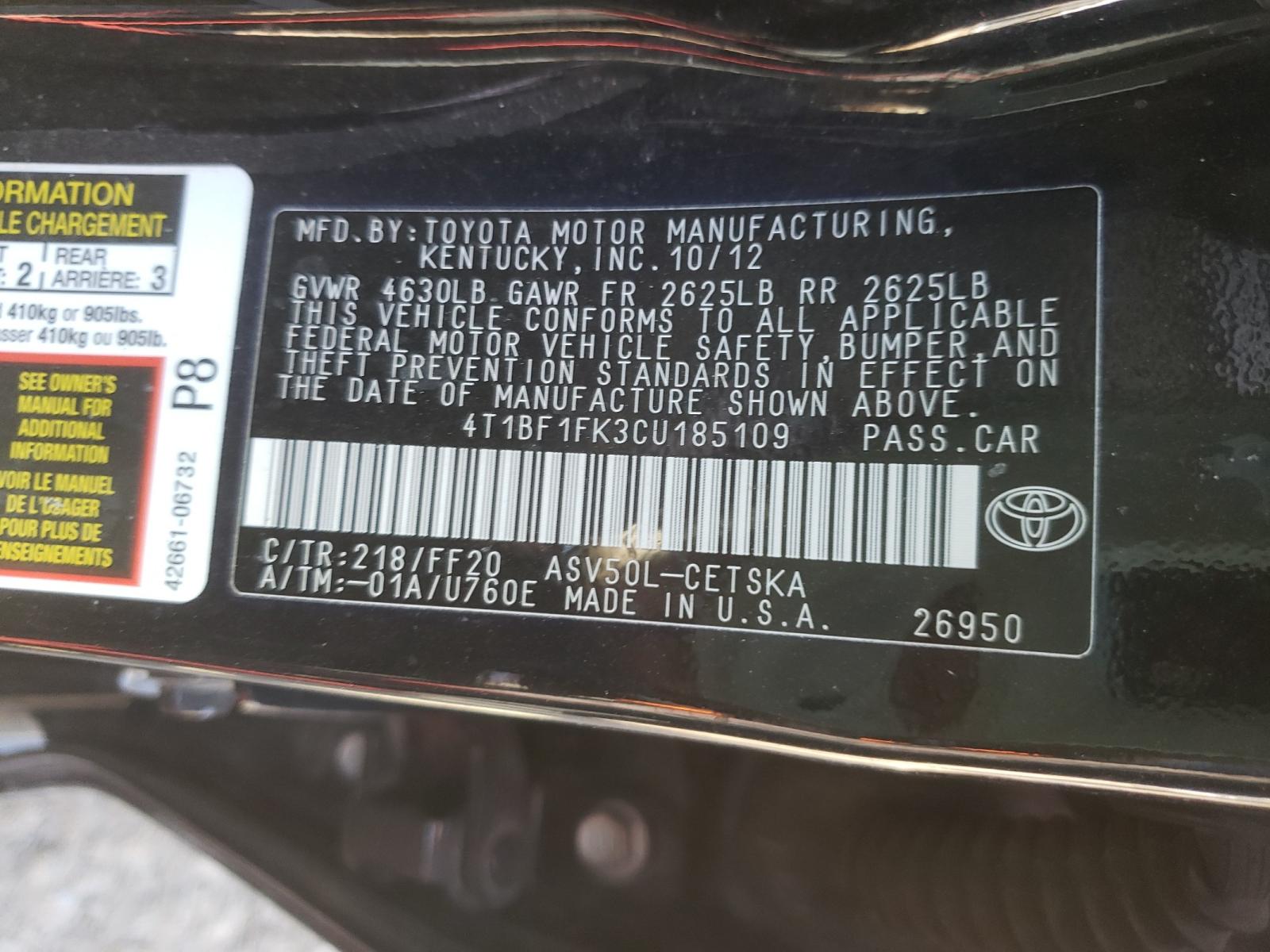 Zdjęcie 10 z aukcji – 2012 TOYOTA CAMRY BASE z VIN 4T1BF1FK3CU185109
