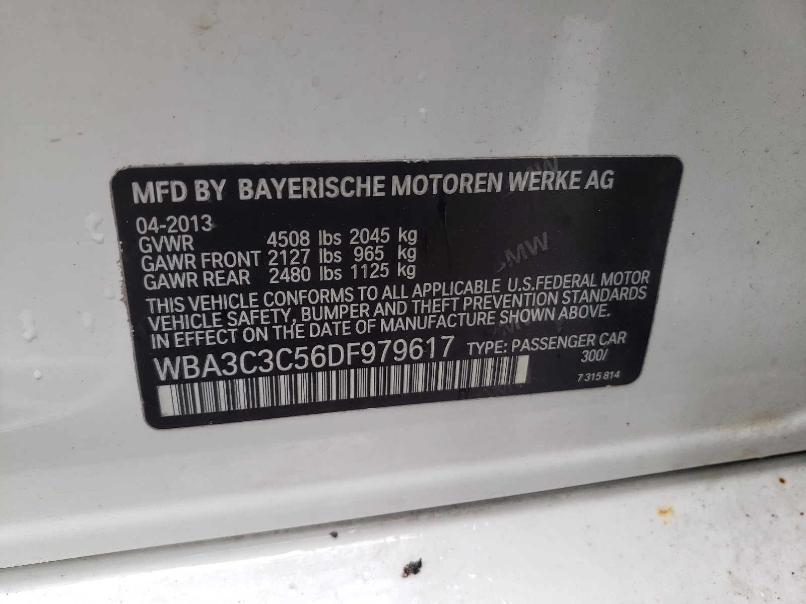 Photo 10 from auction – 2013 BMW 320 I XDRI with VIN WBA3C3C56DF979617