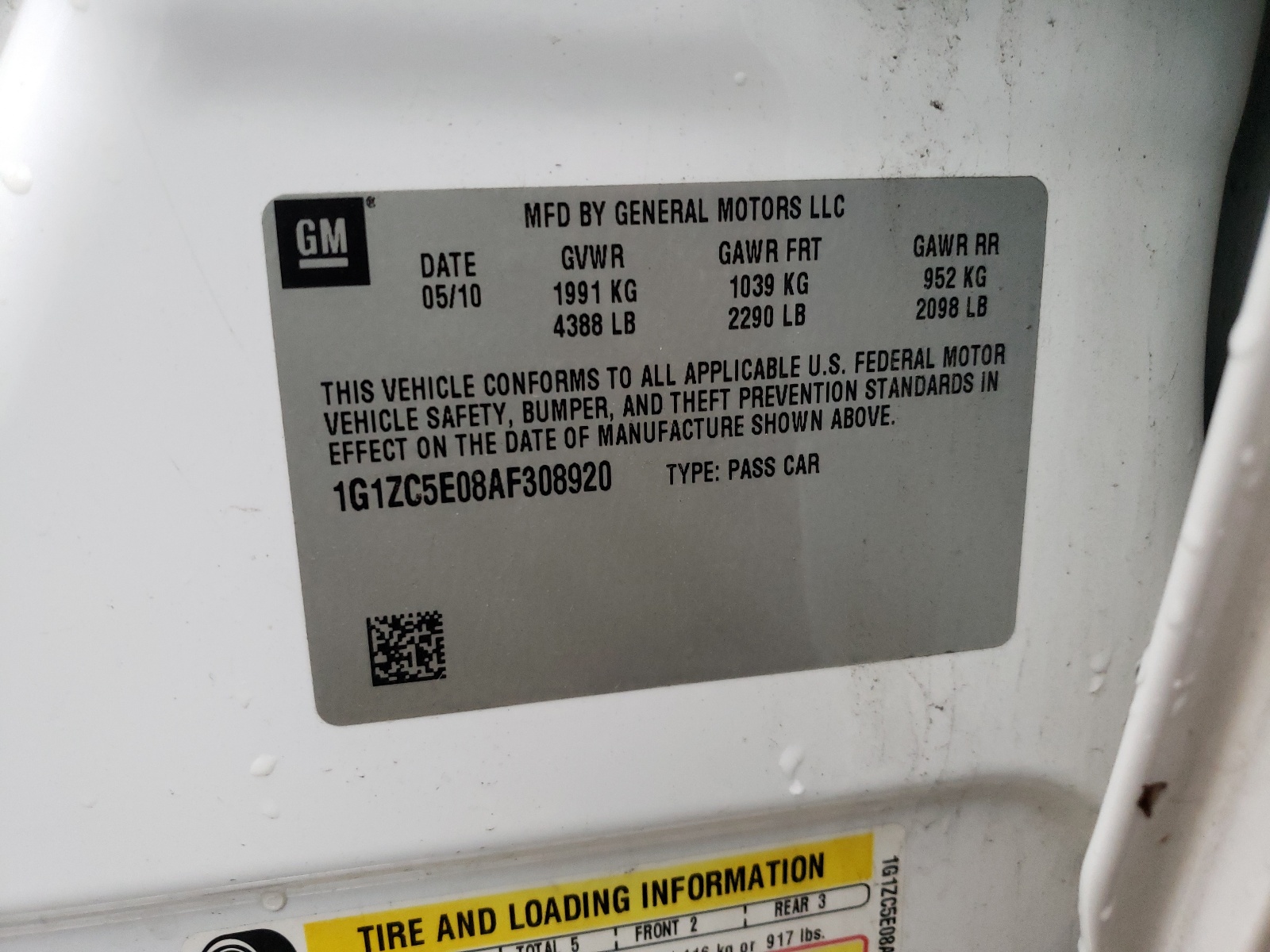 Photo 10 from auction – 2010 CHEVROLET MALIBU 1LT with VIN 1G1ZC5E08AF308920
