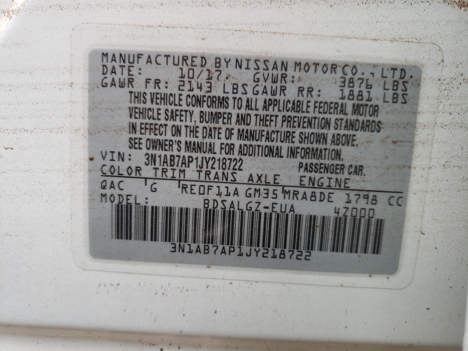 Photo 10 from auction – 2018 NISSAN SENTRA S with VIN 3N1AB7AP1JY218722