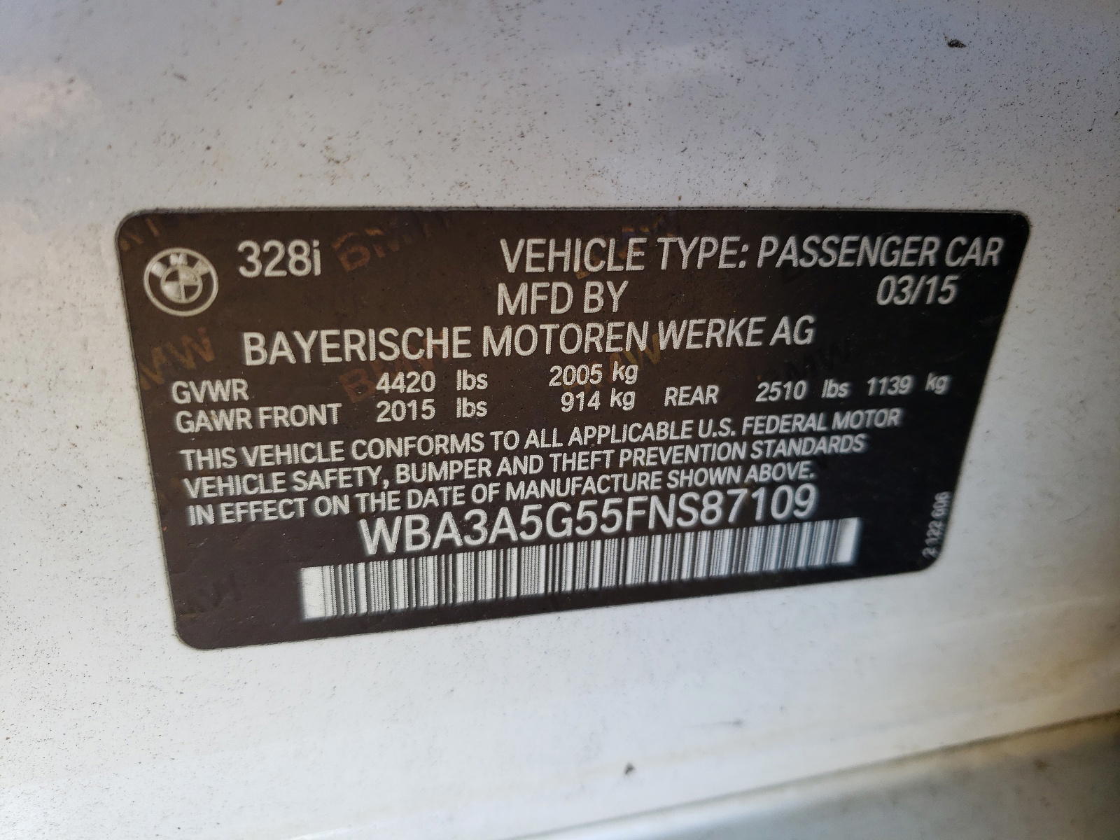 Photo 10 from auction – 2015 BMW 328 I with VIN WBA3A5G55FNS87109