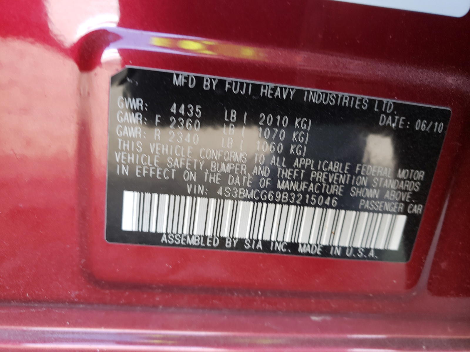 Photo 10 from auction – 2011 SUBARU LEGACY 2.5 with VIN 4S3BMCG69B3215046