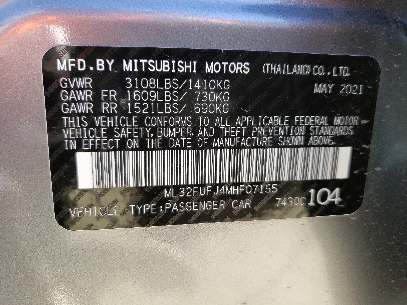 Photo 10 from auction – 2021 MITSUBISHI MIRAGE G4 with VIN ML32FUFJ4MHF07155