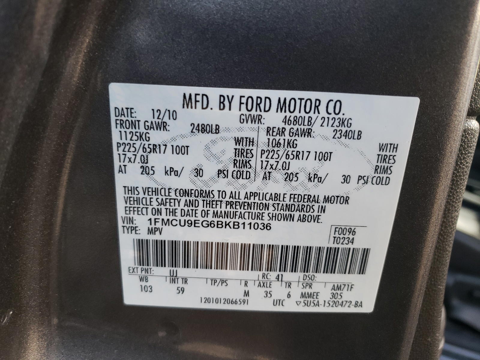 Photo 10 from auction – 2011 FORD ESCAPE LIM with VIN 1FMCU9EG6BKB11036