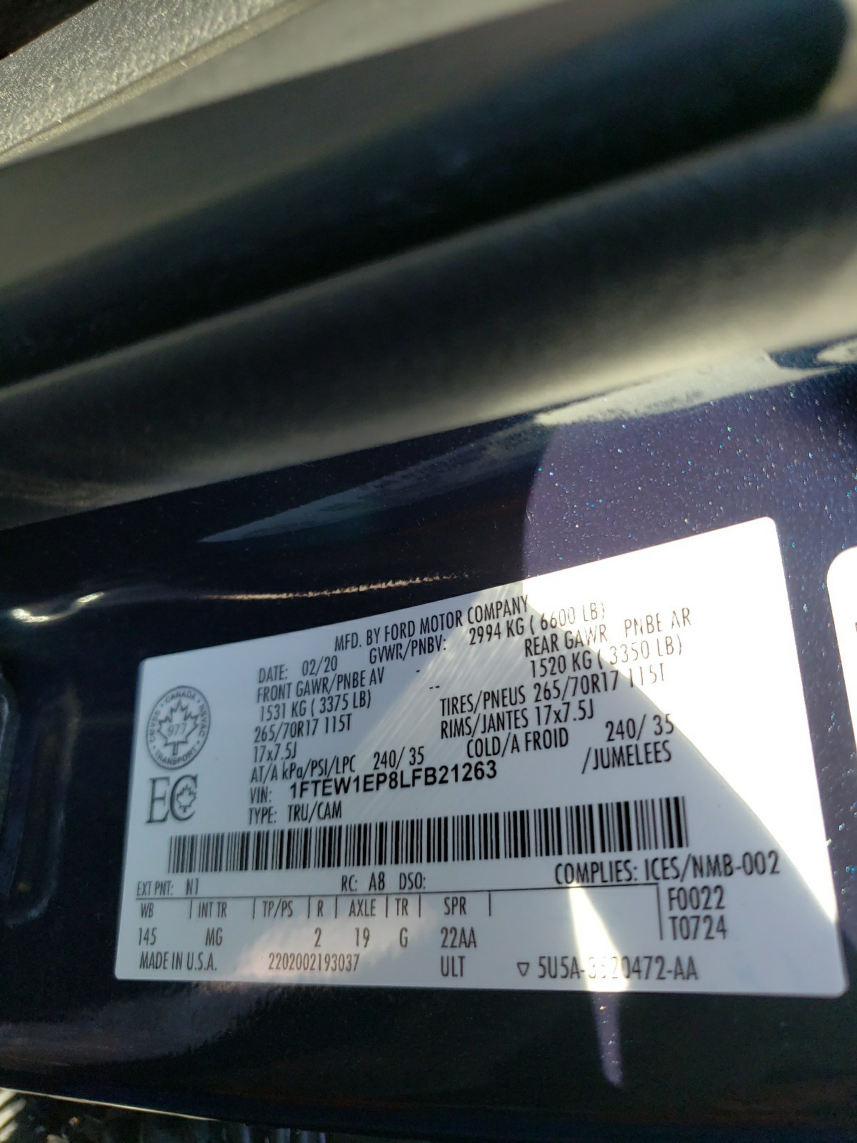 Photo 10 from auction – 2020 FORD F150 SUPER with VIN 1FTEW1EP8LFB21263