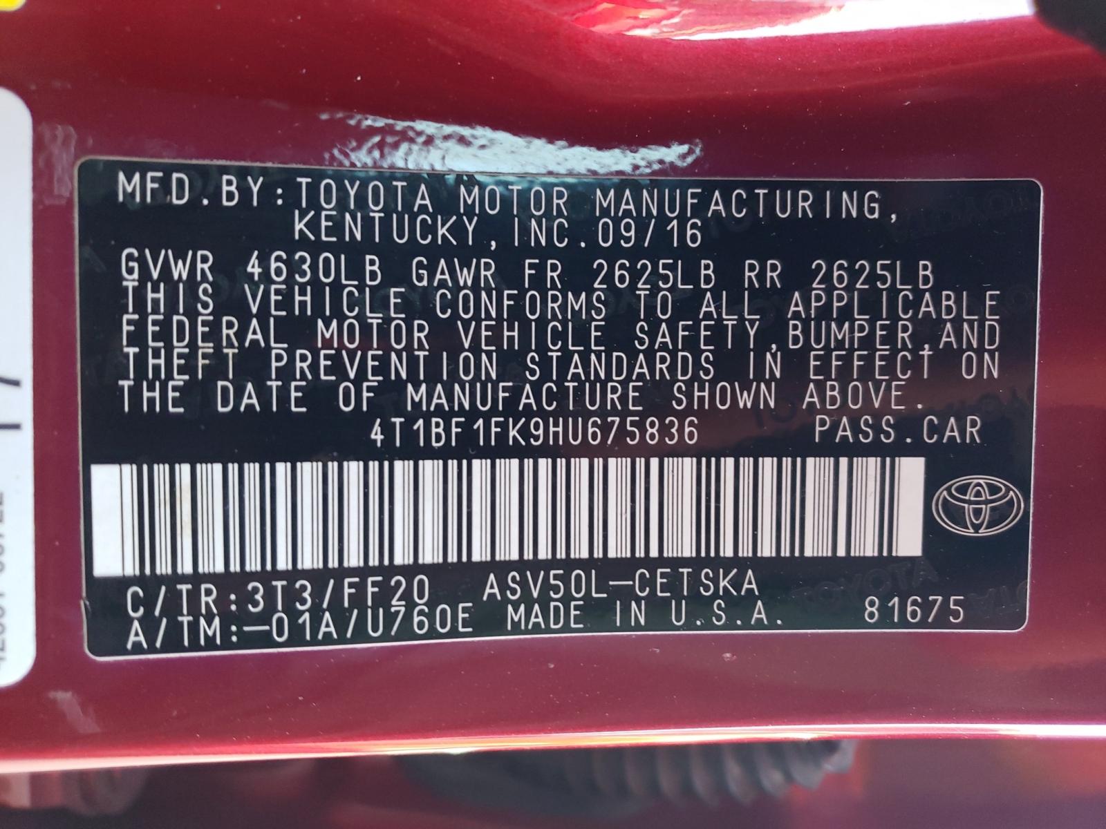 Photo 10 from auction – 2017 TOYOTA CAMRY LE with VIN 4T1BF1FK9HU675836