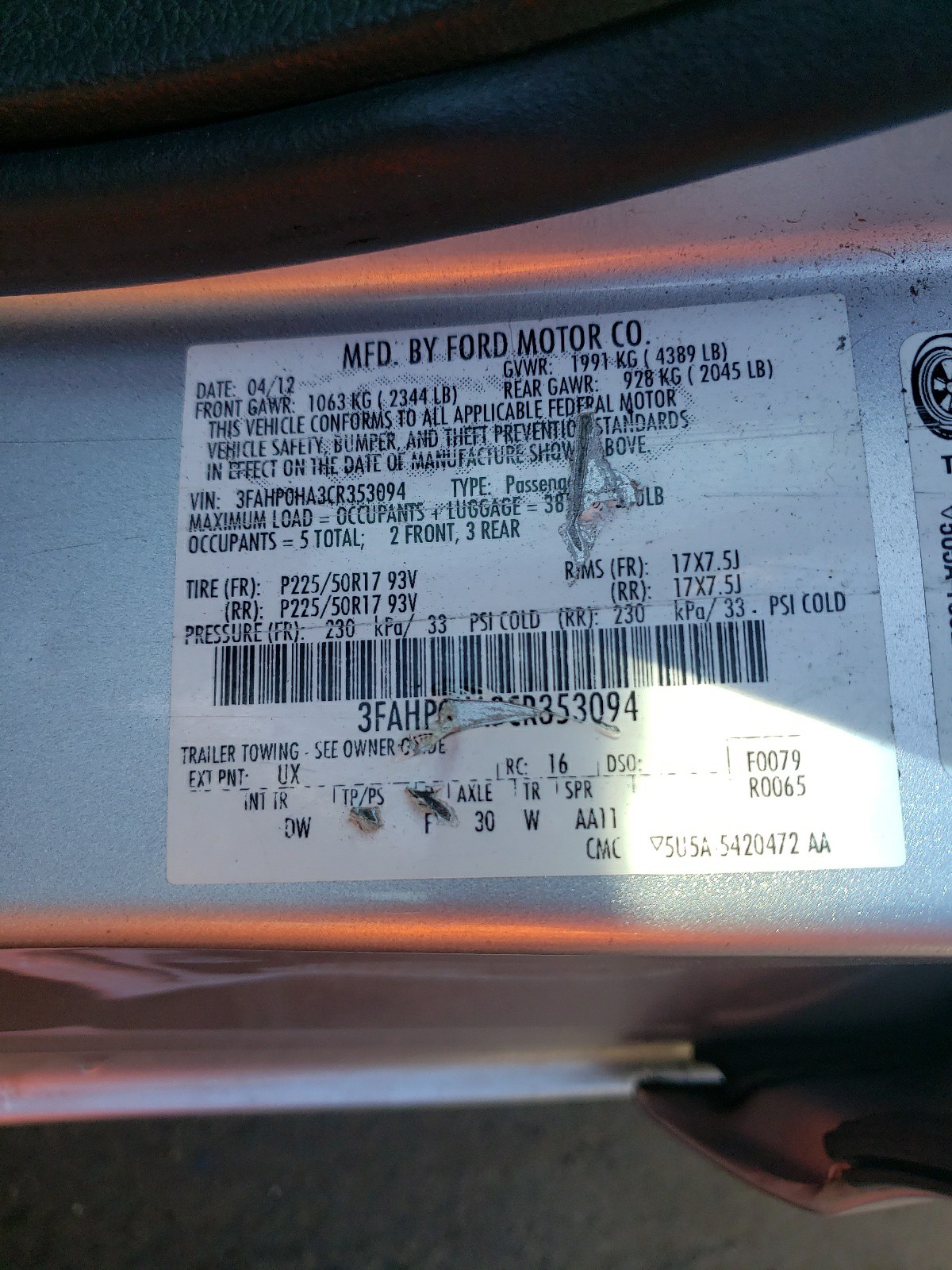 Photo 10 from auction – 2012 FORD FUSION SE with VIN 3FAHP0HA3CR353094