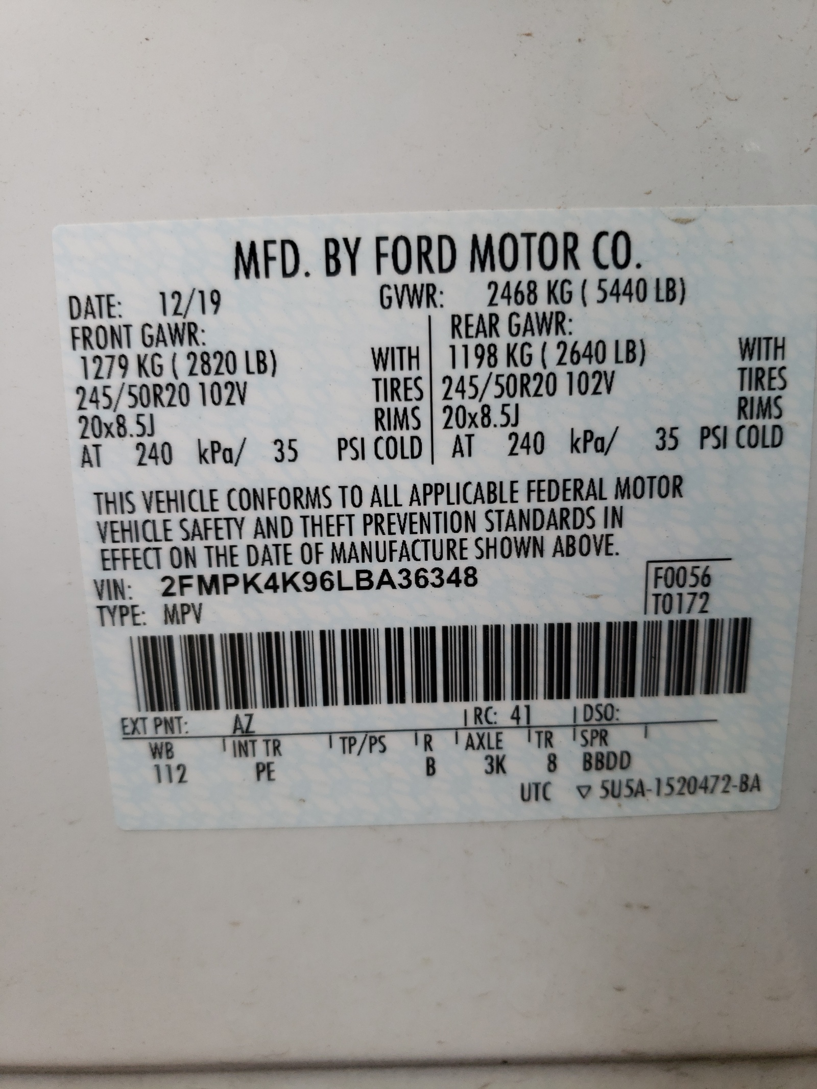 Photo 10 from auction – 2020 FORD EDGE TITAN with VIN 2FMPK4K96LBA36348