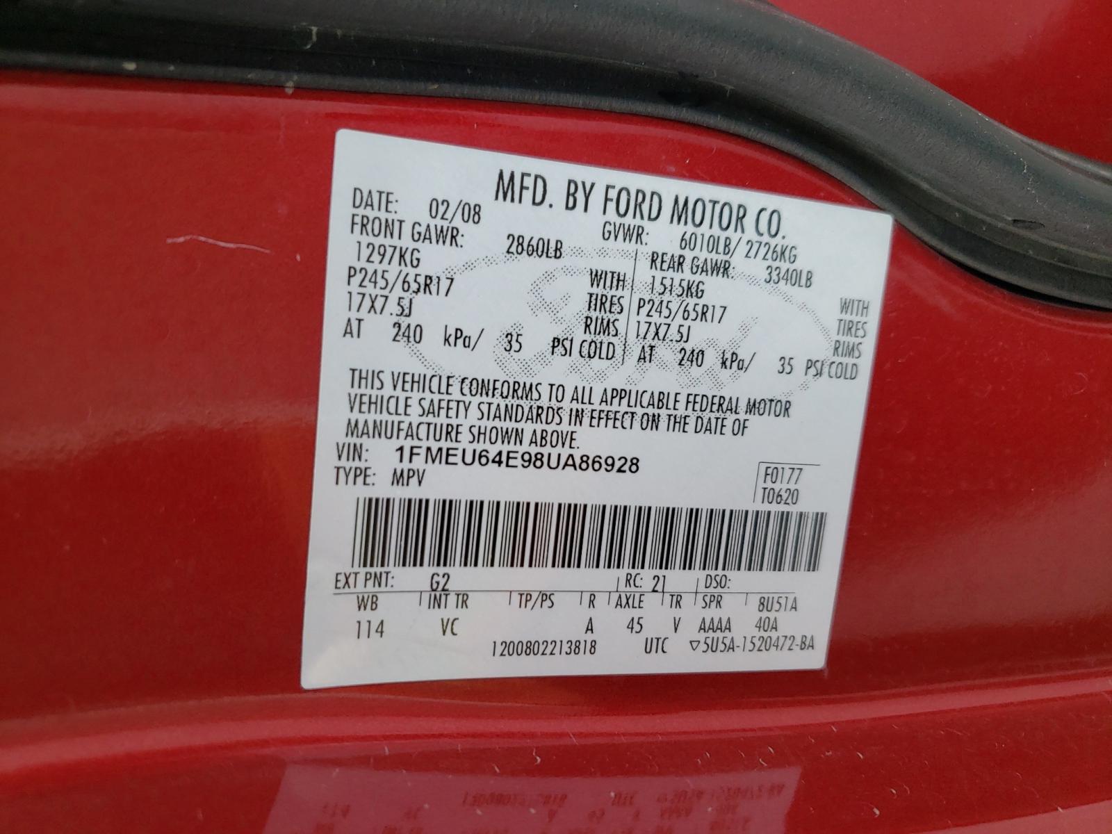 Photo 10 from auction – 2008 FORD EXPLORER E with VIN 1FMEU64E98UA86928