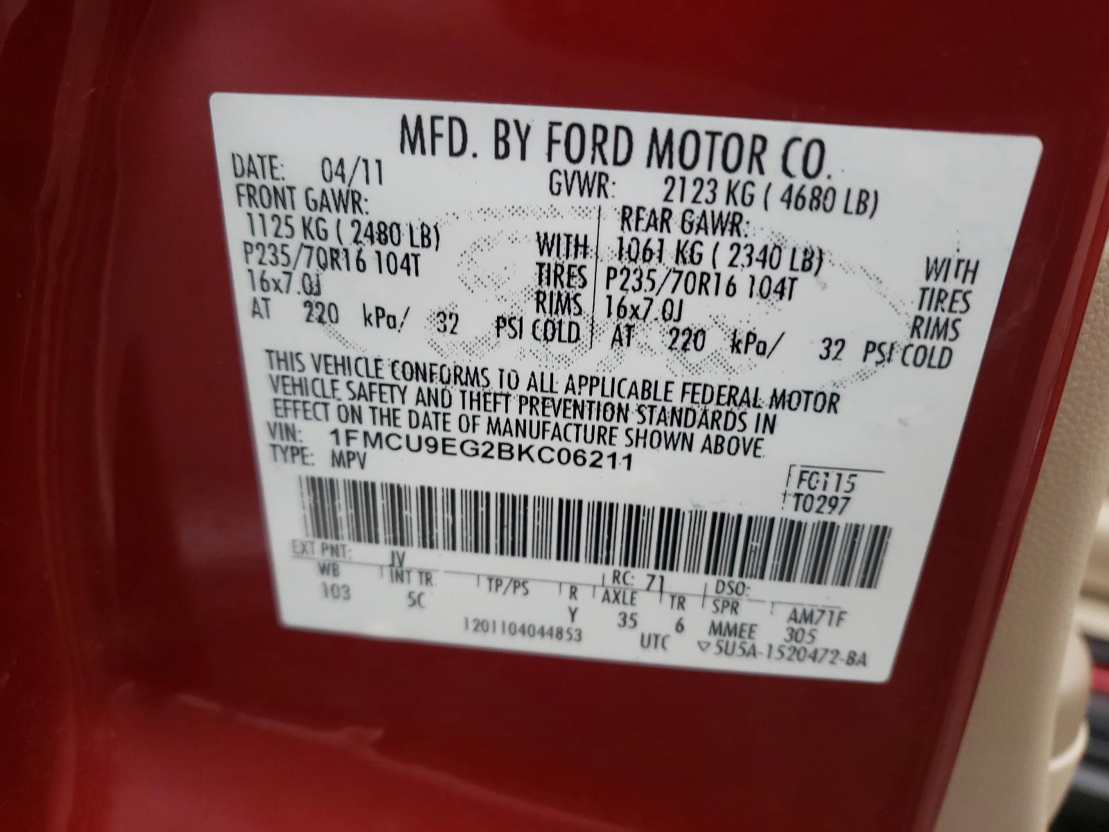 Photo 10 from auction – 2011 FORD ESCAPE LIM with VIN 1FMCU9EG2BKC06211