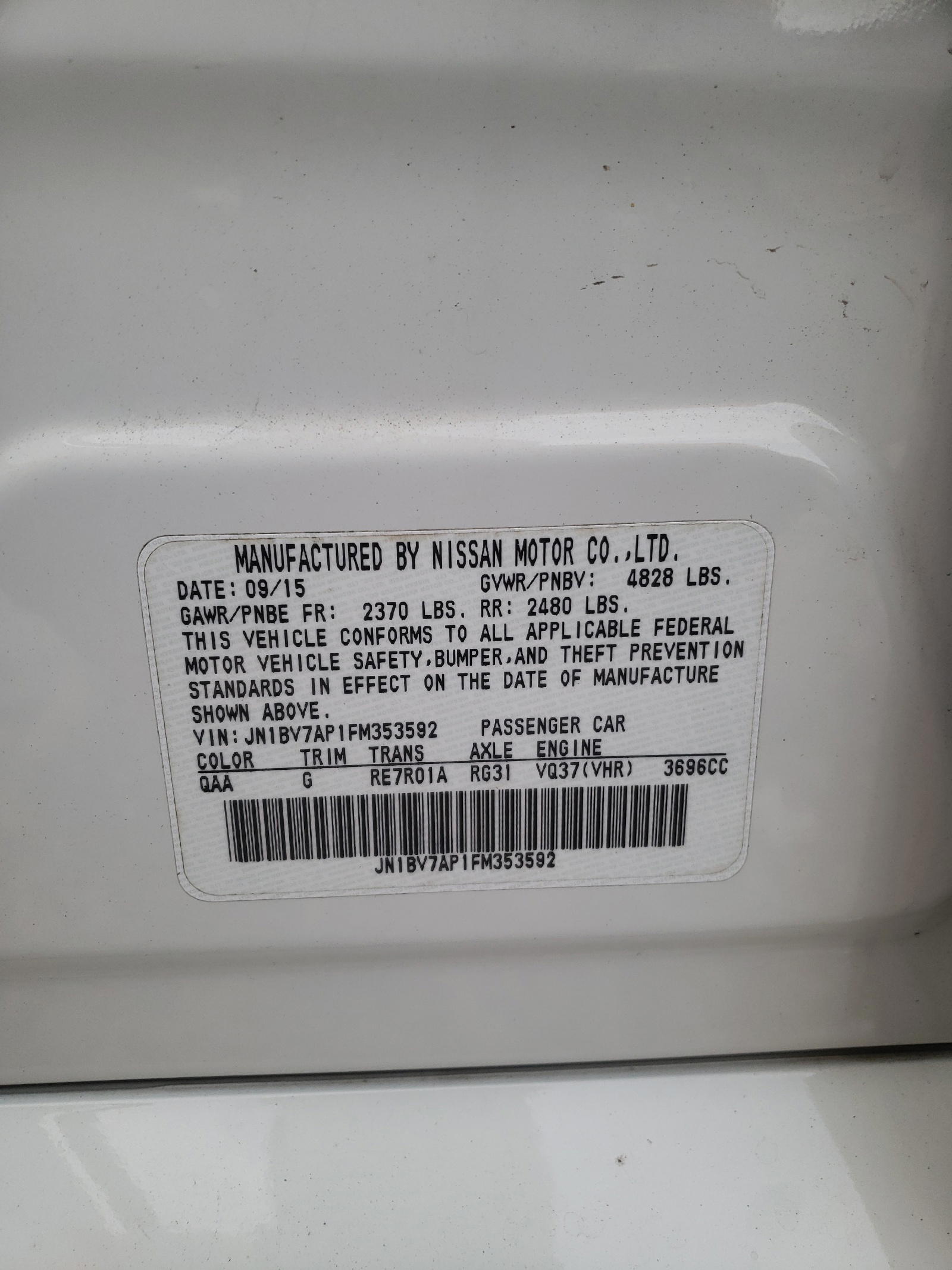 Photo 10 from auction – 2015 INFINITI Q50 BASE with VIN JN1BV7AP1FM353592
