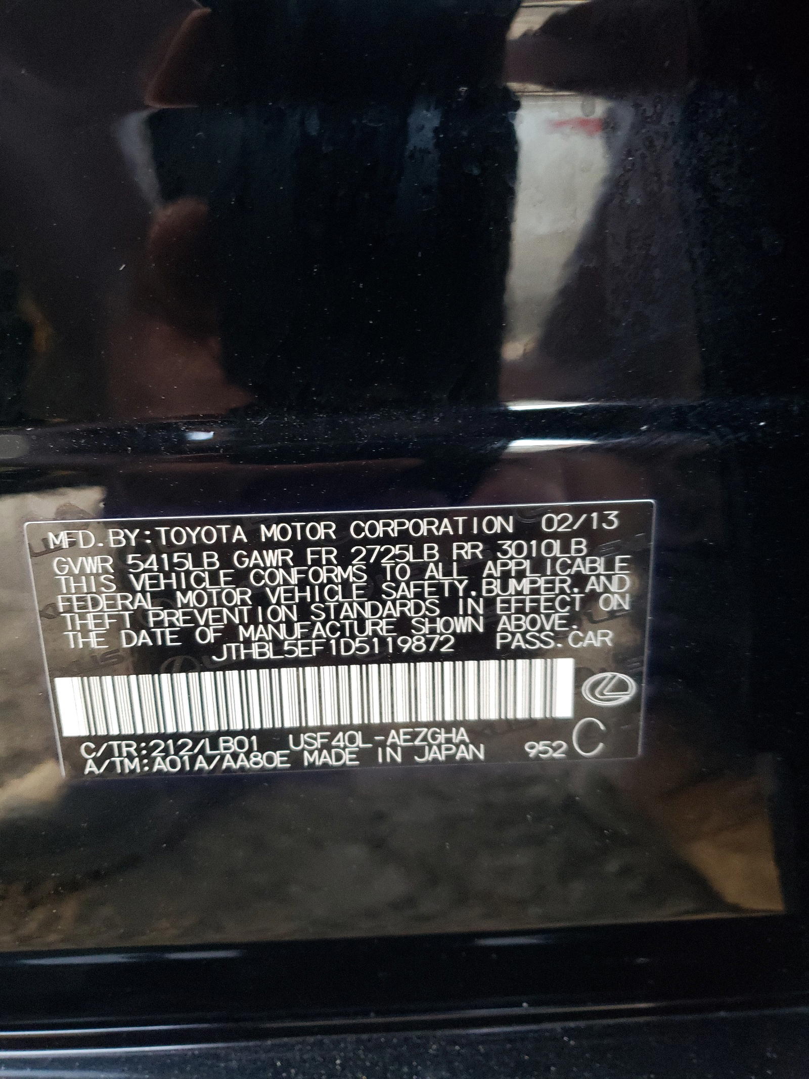 Photo 10 from auction – 2013 LEXUS LS 460 with VIN JTHBL5EF1D5119872