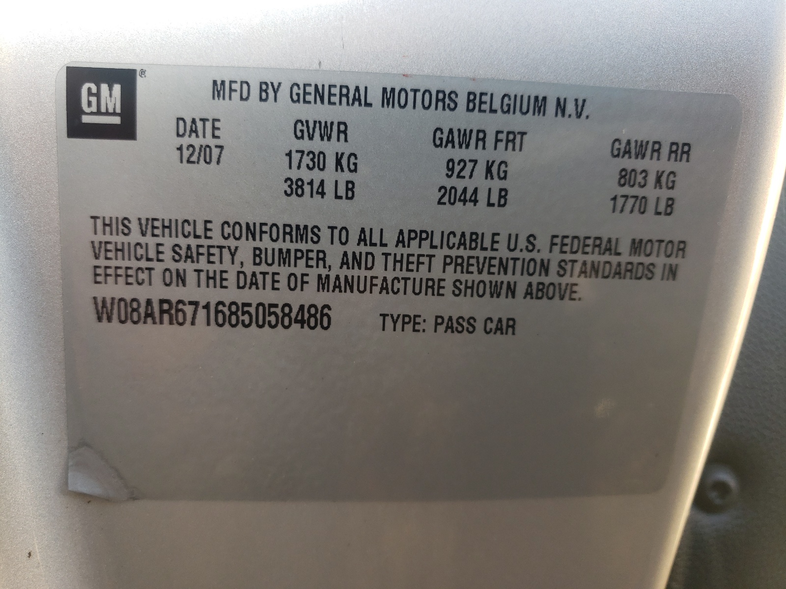 Photo 10 from auction – 2008 SATURN ASTRA XE with VIN W08AR671685058486