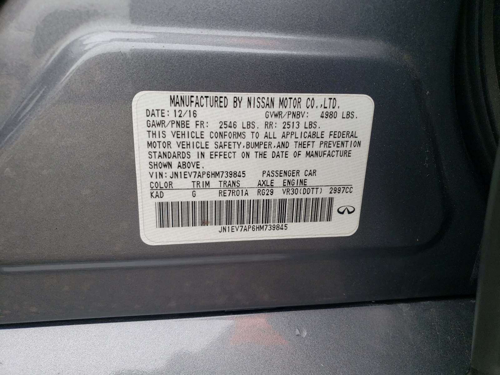 Photo 10 from auction – 2017 INFINITI Q50 PREMIU with VIN JN1EV7AP6HM739845