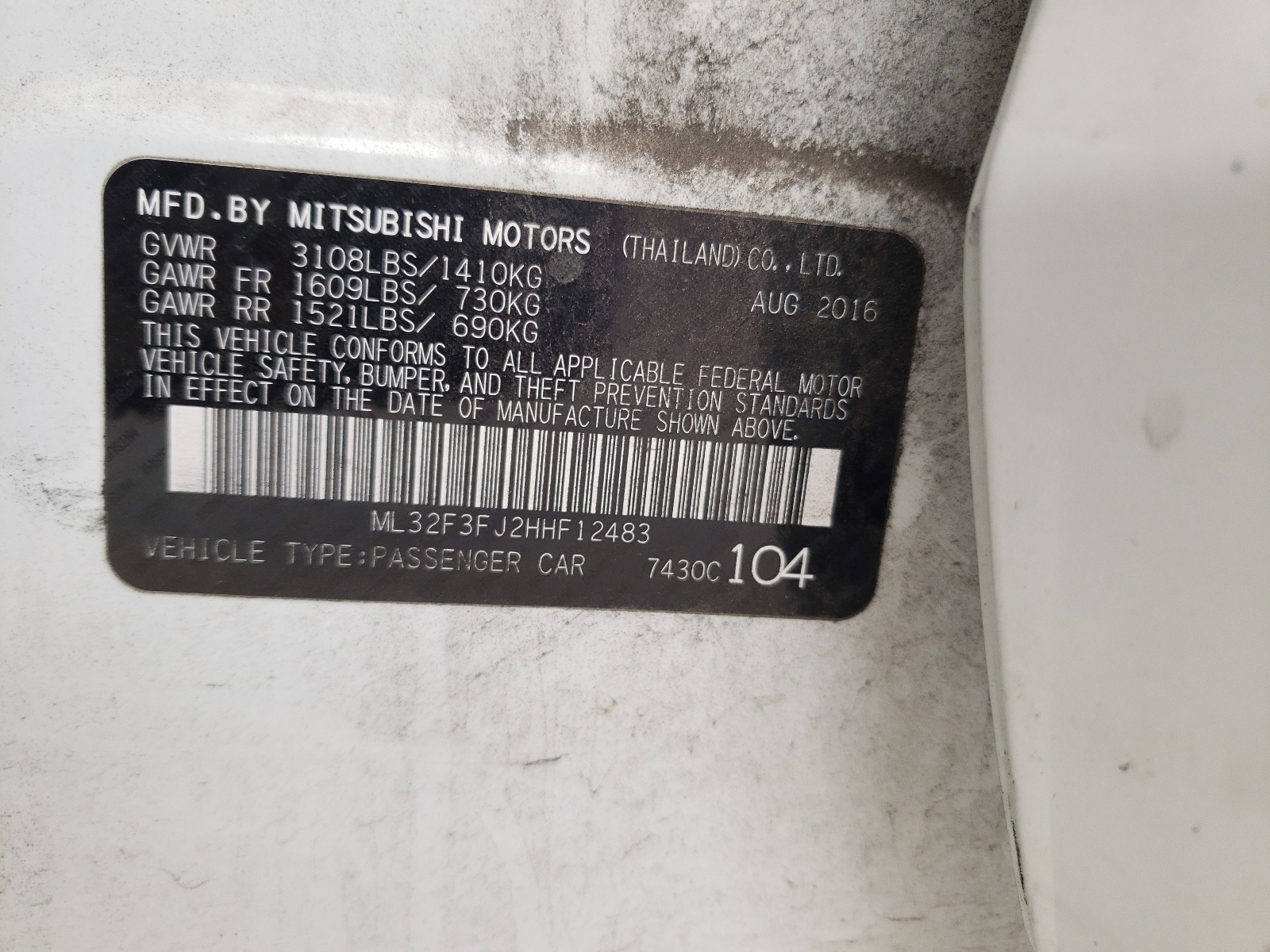 Photo 10 from auction – 2017 MITSUBISHI MIRAGE G4 with VIN ML32F3FJ2HHF12483
