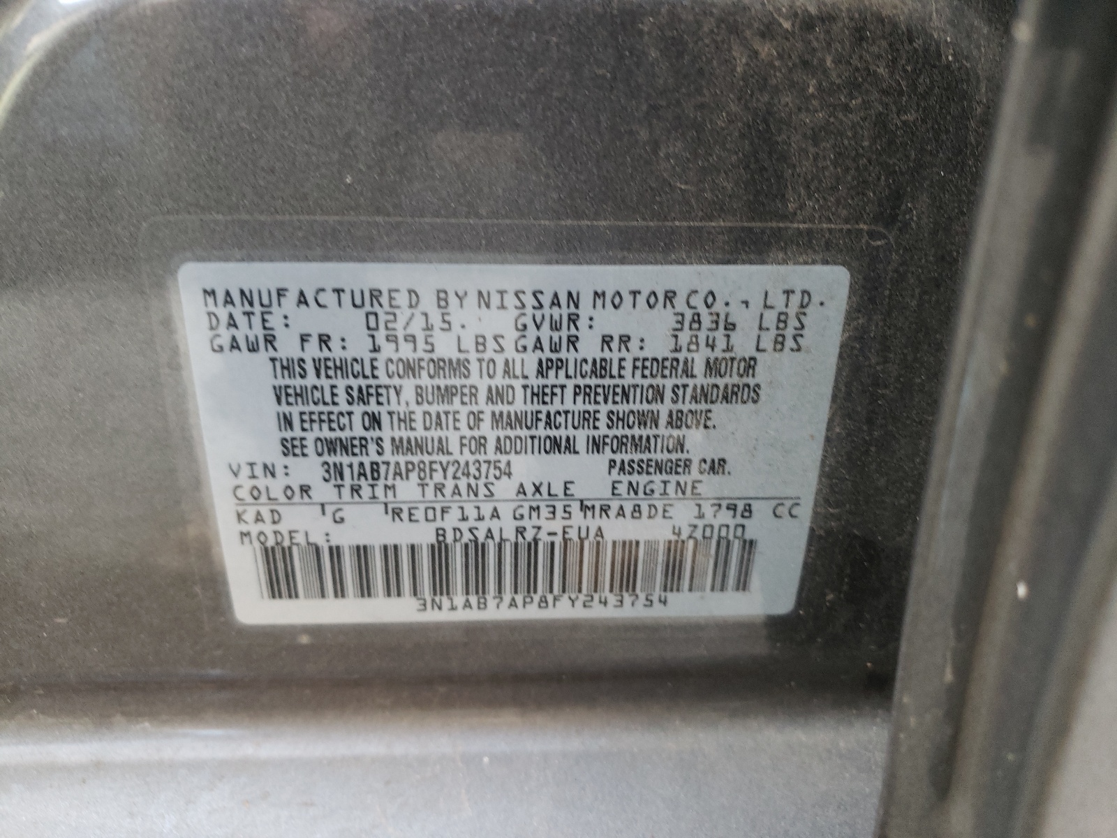 Photo 10 from auction – 2015 NISSAN SENTRA S with VIN 3N1AB7AP8FY243754