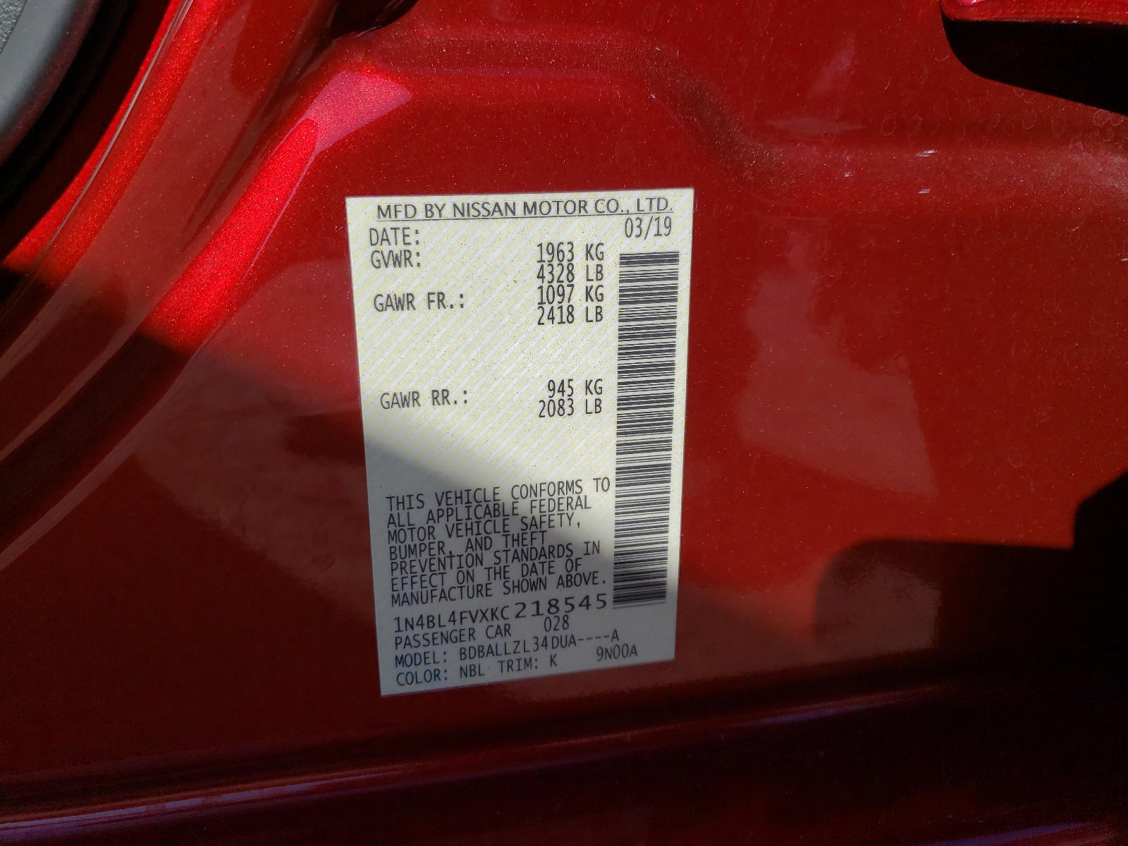 Photo 10 from auction – 2019 NISSAN ALTIMA PLA with VIN 1N4BL4FVXKC218545