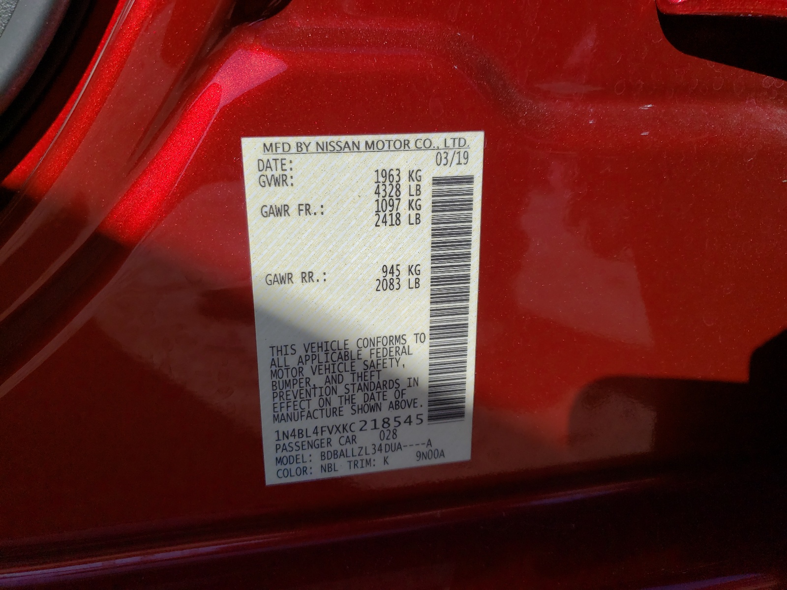Zdjęcie 10 z aukcji – 2019 NISSAN ALTIMA PLA z VIN 1N4BL4FVXKC218545