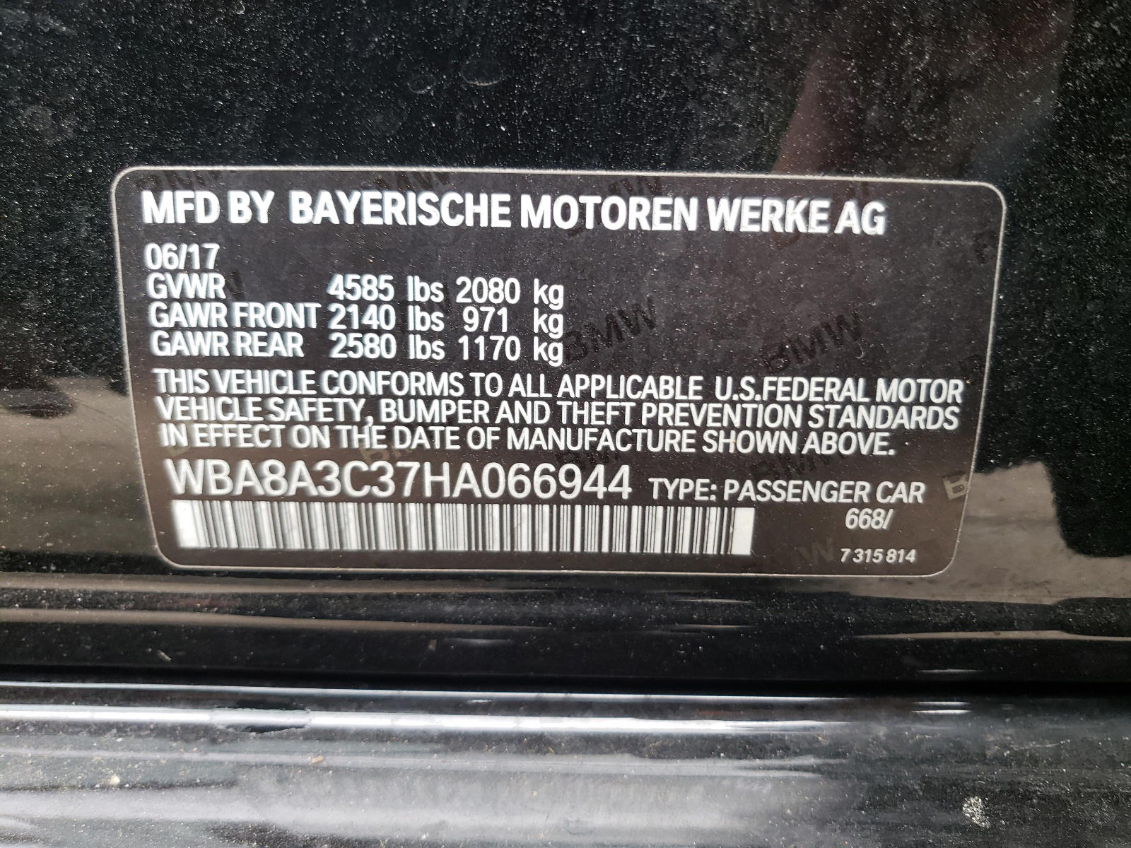 Photo 10 from auction – 2017 BMW 320 XI with VIN WBA8A3C37HA066944
