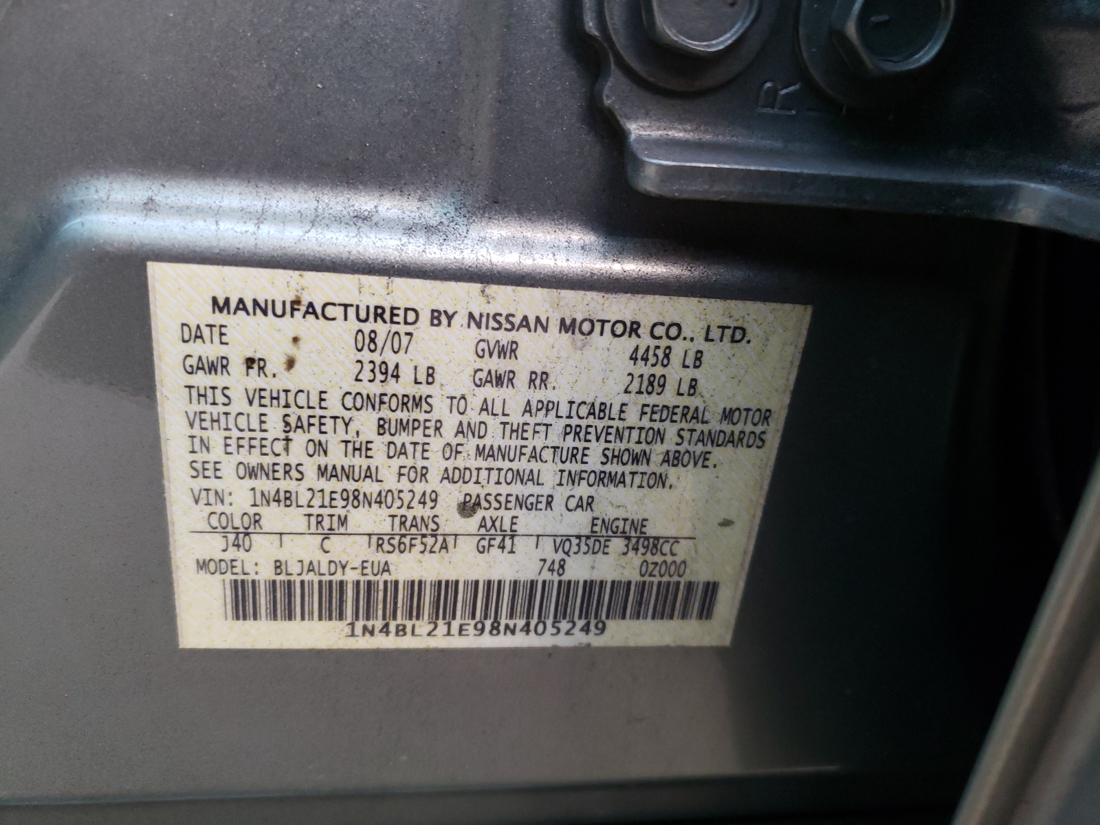 Photo 10 from auction – 2008 NISSAN ALTIMA 3.5 with VIN 1N4BL21E98N405249