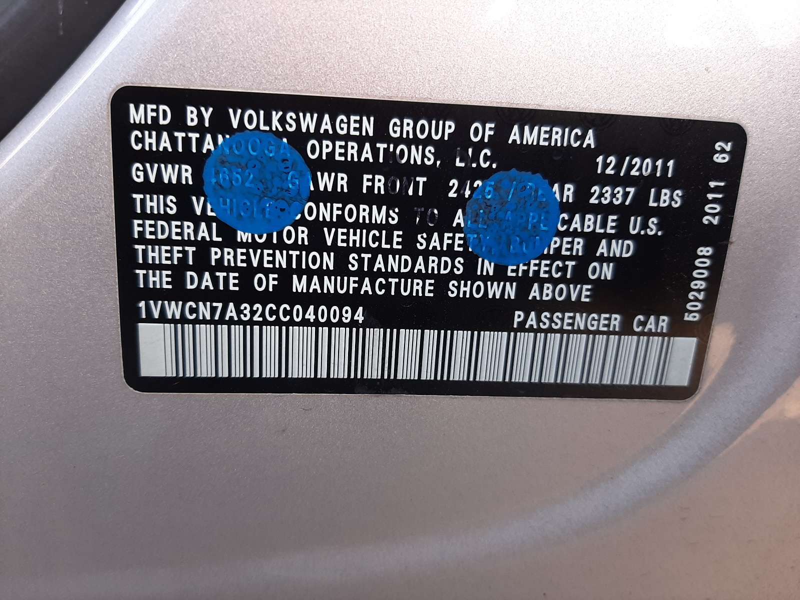 Photo 10 from auction – 2012 VOLKSWAGEN PASSAT SEL with VIN 1VWCN7A32CC040094