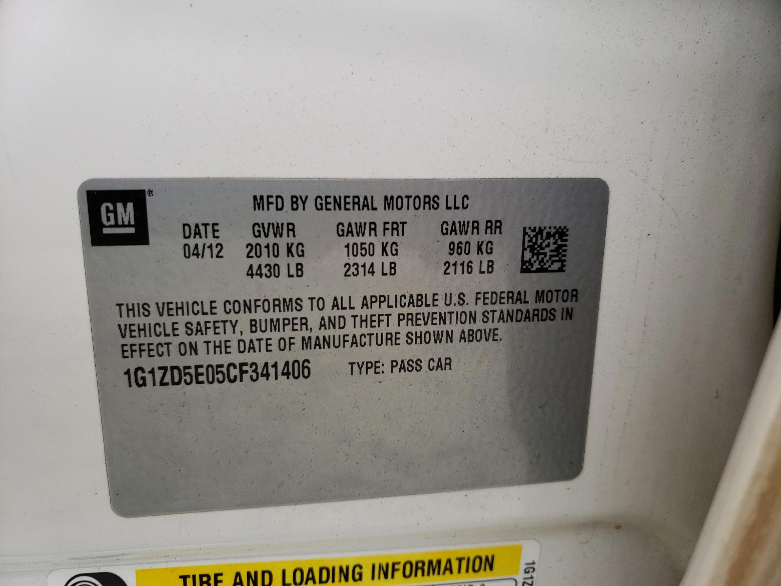 Photo 10 from auction – 2012 CHEVROLET MALIBU 2LT with VIN 1G1ZD5E05CF341406