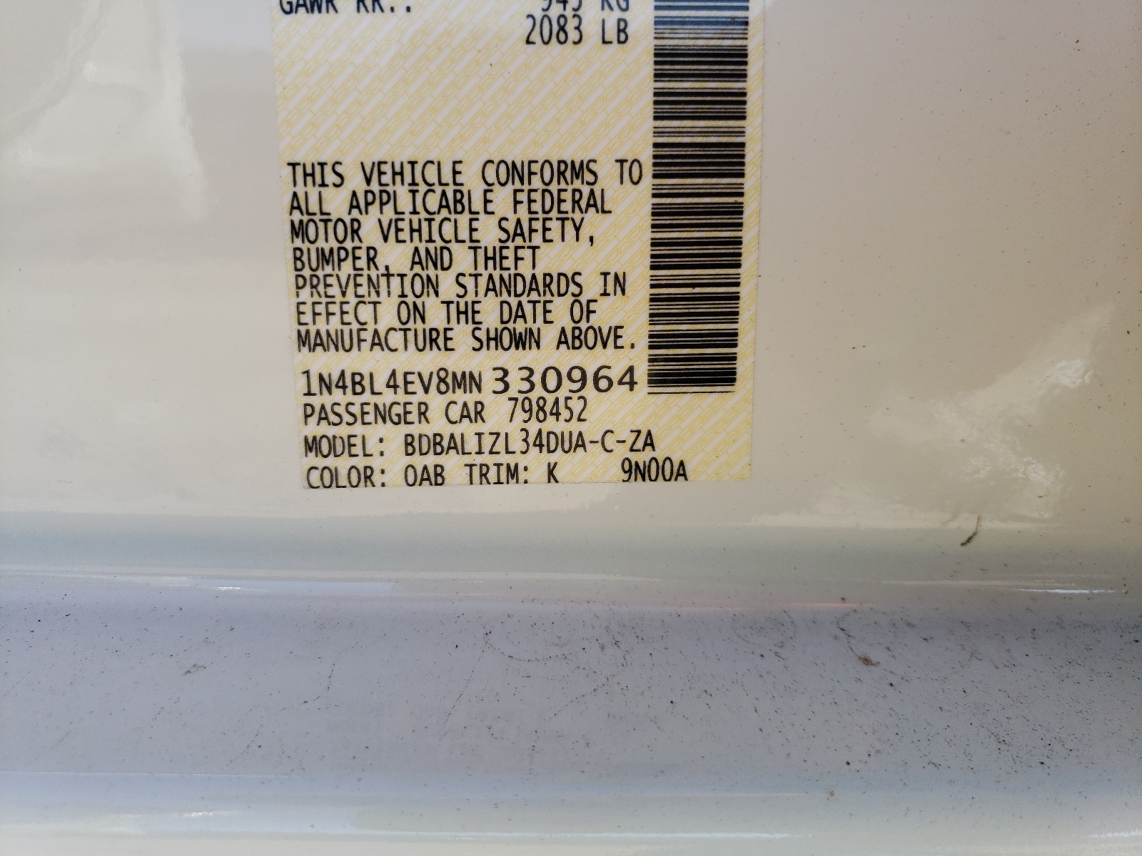 Photo 10 from auction – 2021 NISSAN ALTIMA SL with VIN 1N4BL4EV8MN330964