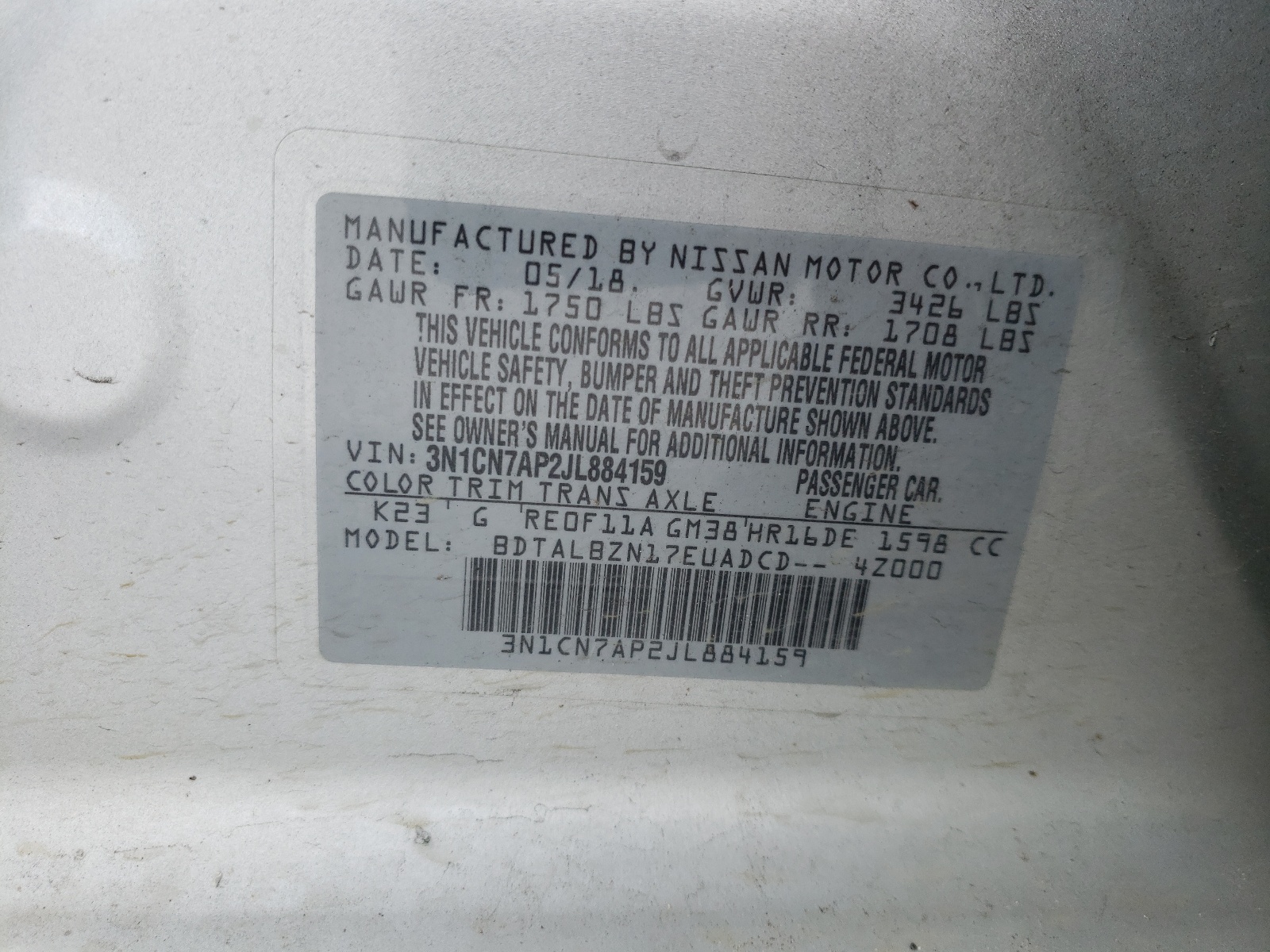 Photo 10 from auction – 2018 NISSAN VERSA S with VIN 3N1CN7AP2JL884159