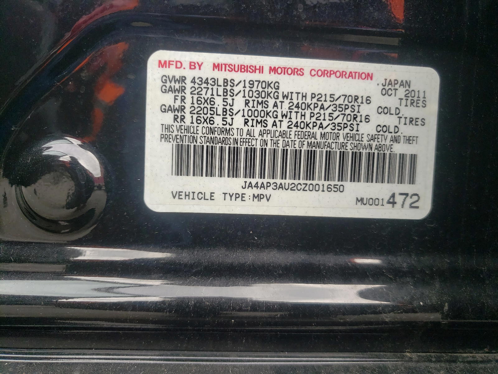 Photo 10 from auction – 2012 MITSUBISHI OUTLANDER with VIN JA4AP3AU2CZ001650