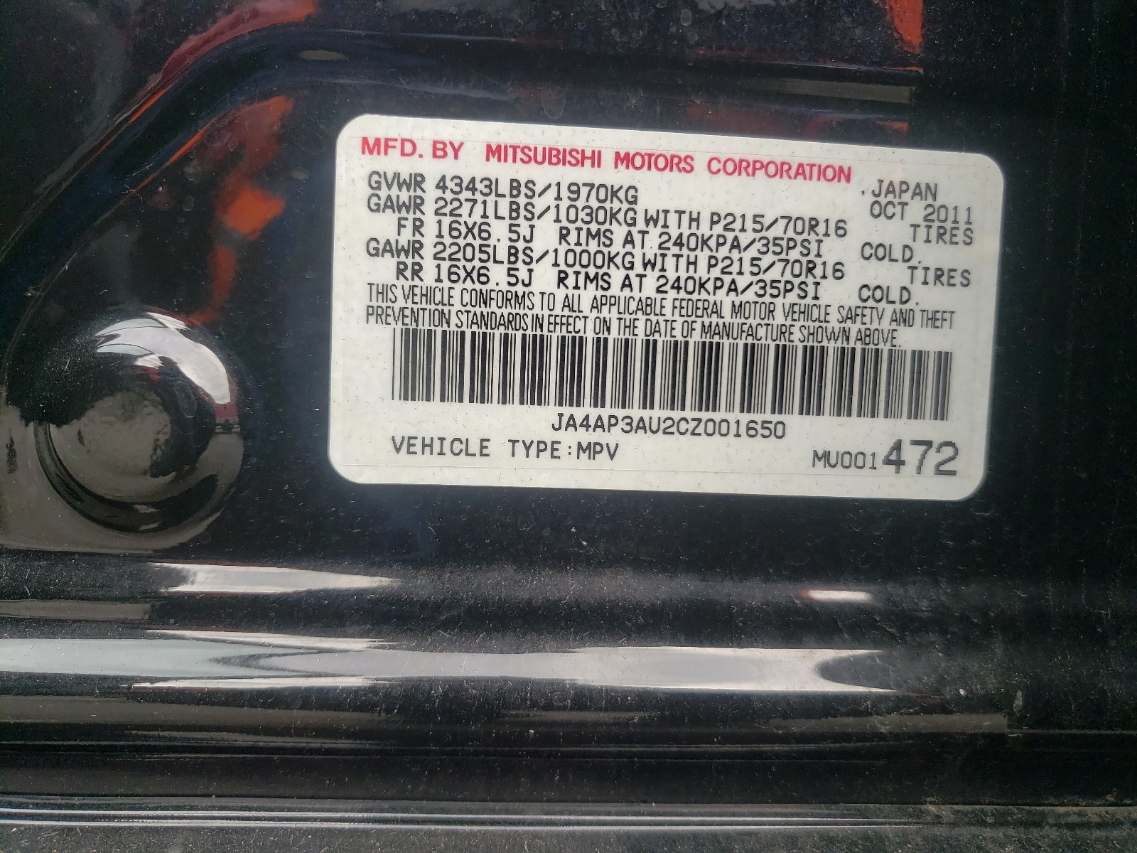 Zdjęcie 10 z aukcji – 2012 MITSUBISHI OUTLANDER z VIN JA4AP3AU2CZ001650
