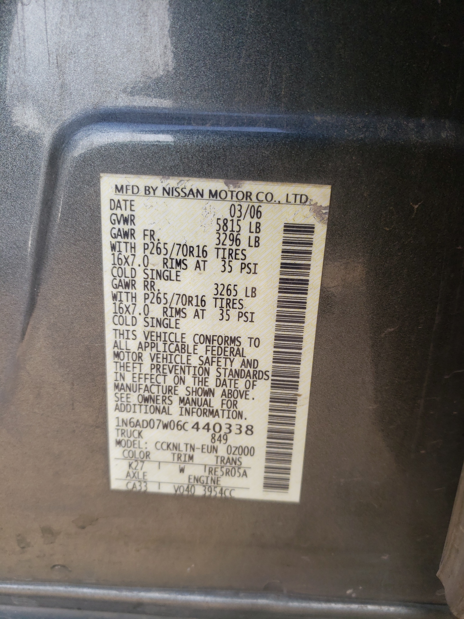 Photo 10 from auction – 2006 NISSAN FRONTIER C with VIN 1N6AD07W06C440338