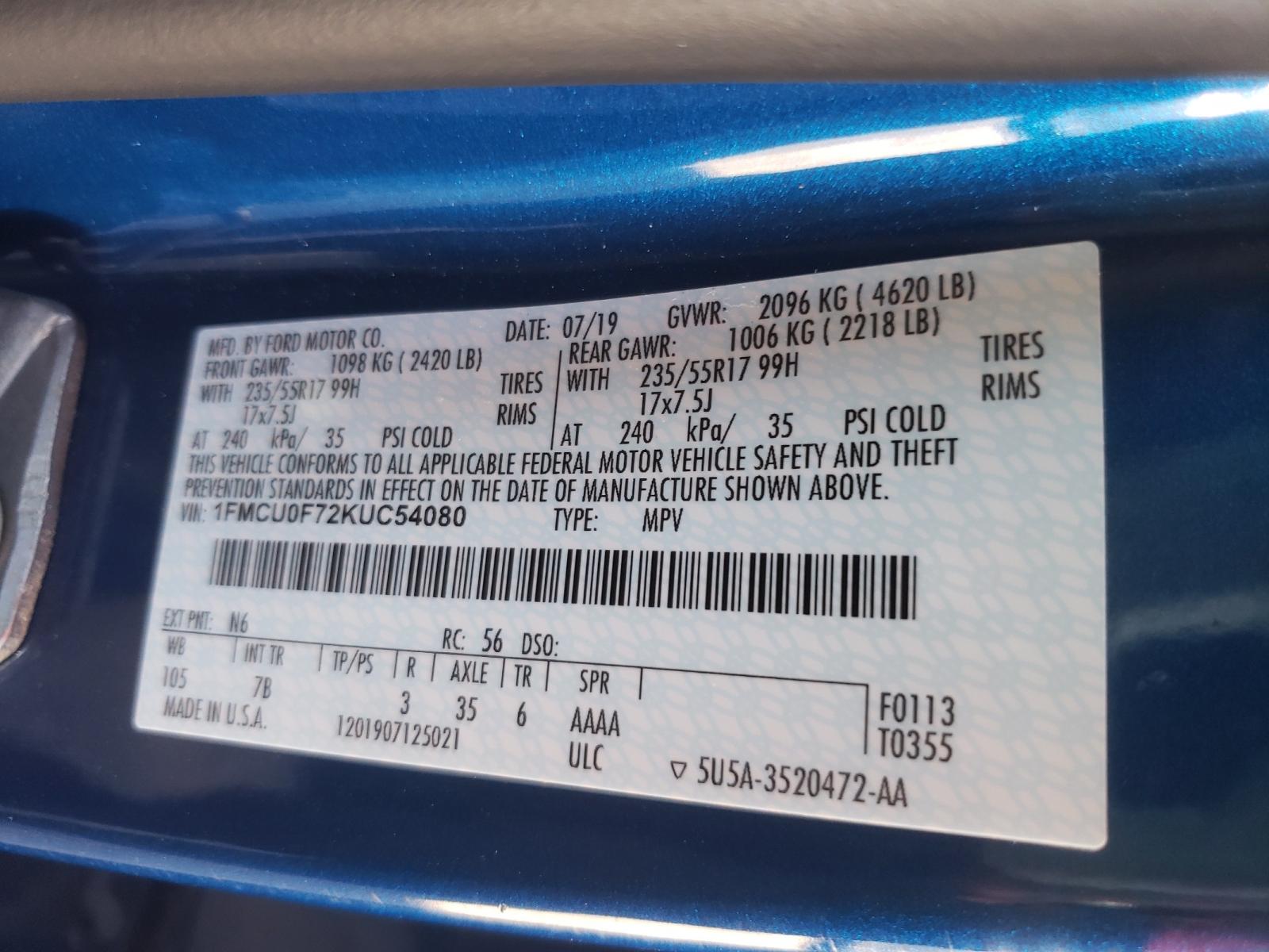 Photo 10 from auction – 2019 FORD ESCAPE S with VIN 1FMCU0F72KUC54080