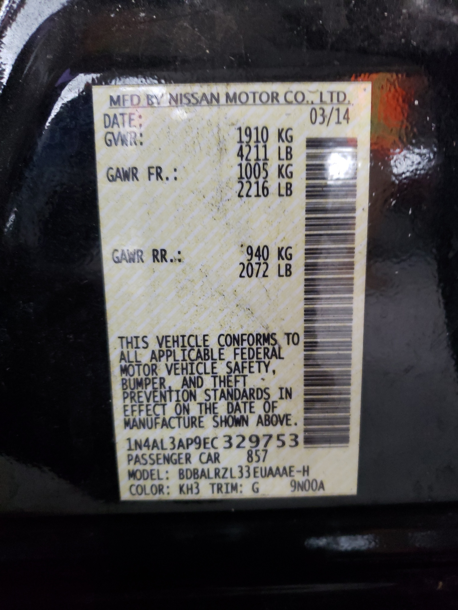 Photo 10 from auction – 2014 NISSAN ALTIMA 2.5 with VIN 1N4AL3AP9EC329753