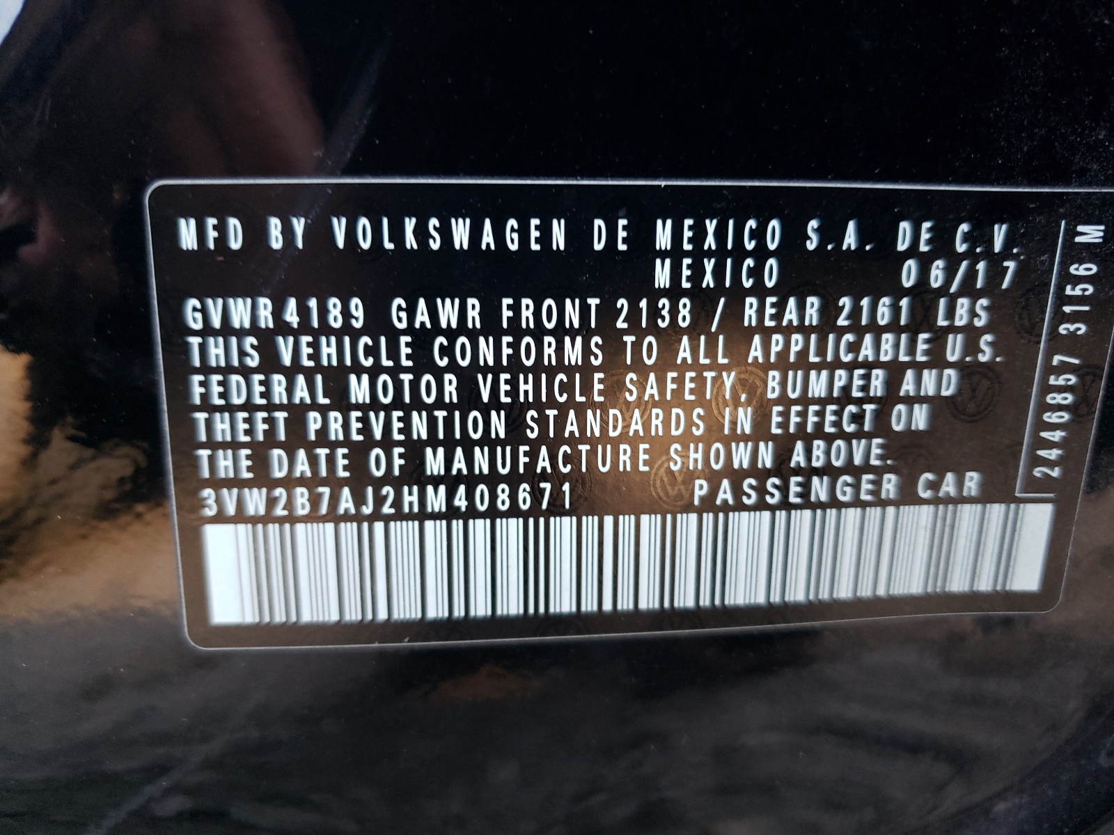 Photo 10 from auction – 2017 VOLKSWAGEN JETTA S with VIN 3VW2B7AJ2HM408671