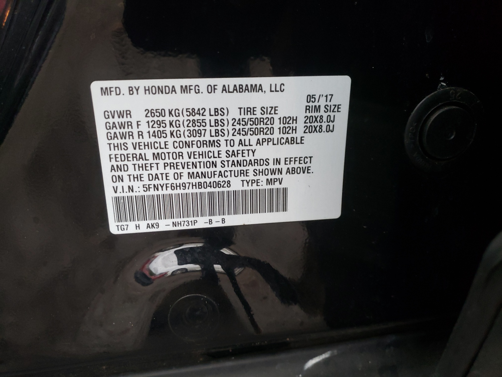 Photo 10 from auction – 2017 HONDA PILOT TOUR with VIN 5FNYF6H97HB040628