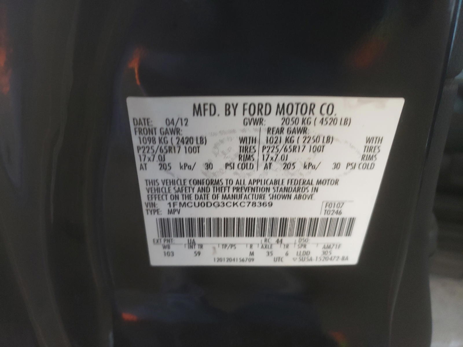 Photo 10 from auction – 2012 FORD ESCAPE XLT with VIN 1FMCU0DG3CKC78369