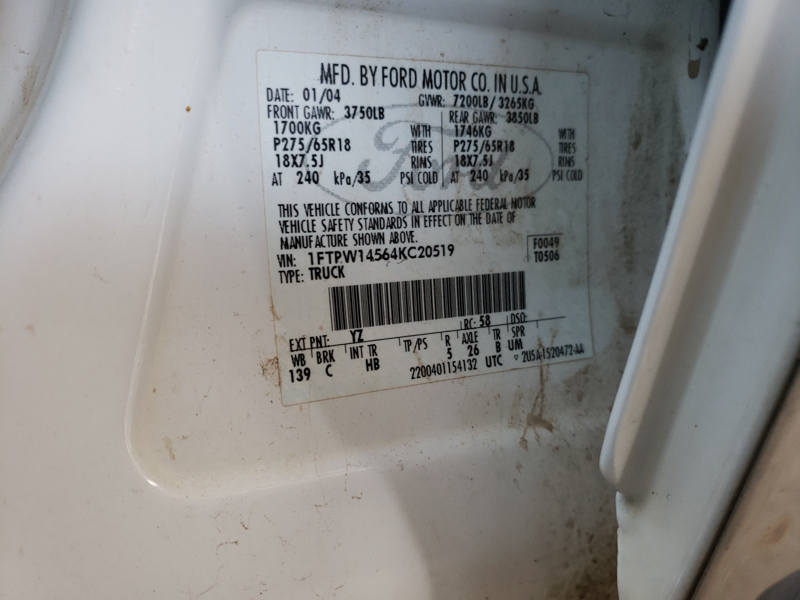 Photo 10 from auction – 2004 FORD F150 SUPER with VIN 1FTPW14564KC20519