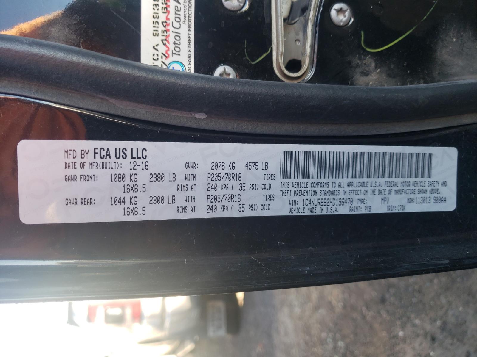 Photo 10 from auction – 2017 JEEP PATRIOT SP with VIN 1C4NJRBB2HD196470