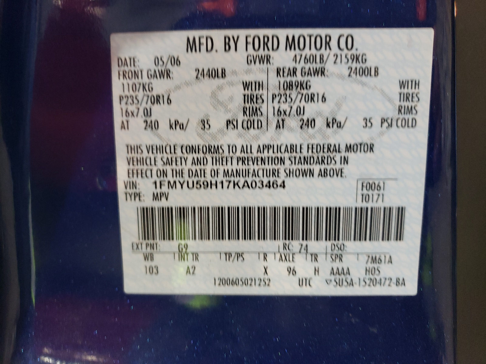 Photo 10 from auction – 2007 FORD ESCAPE HEV with VIN 1FMYU59H17KA03464