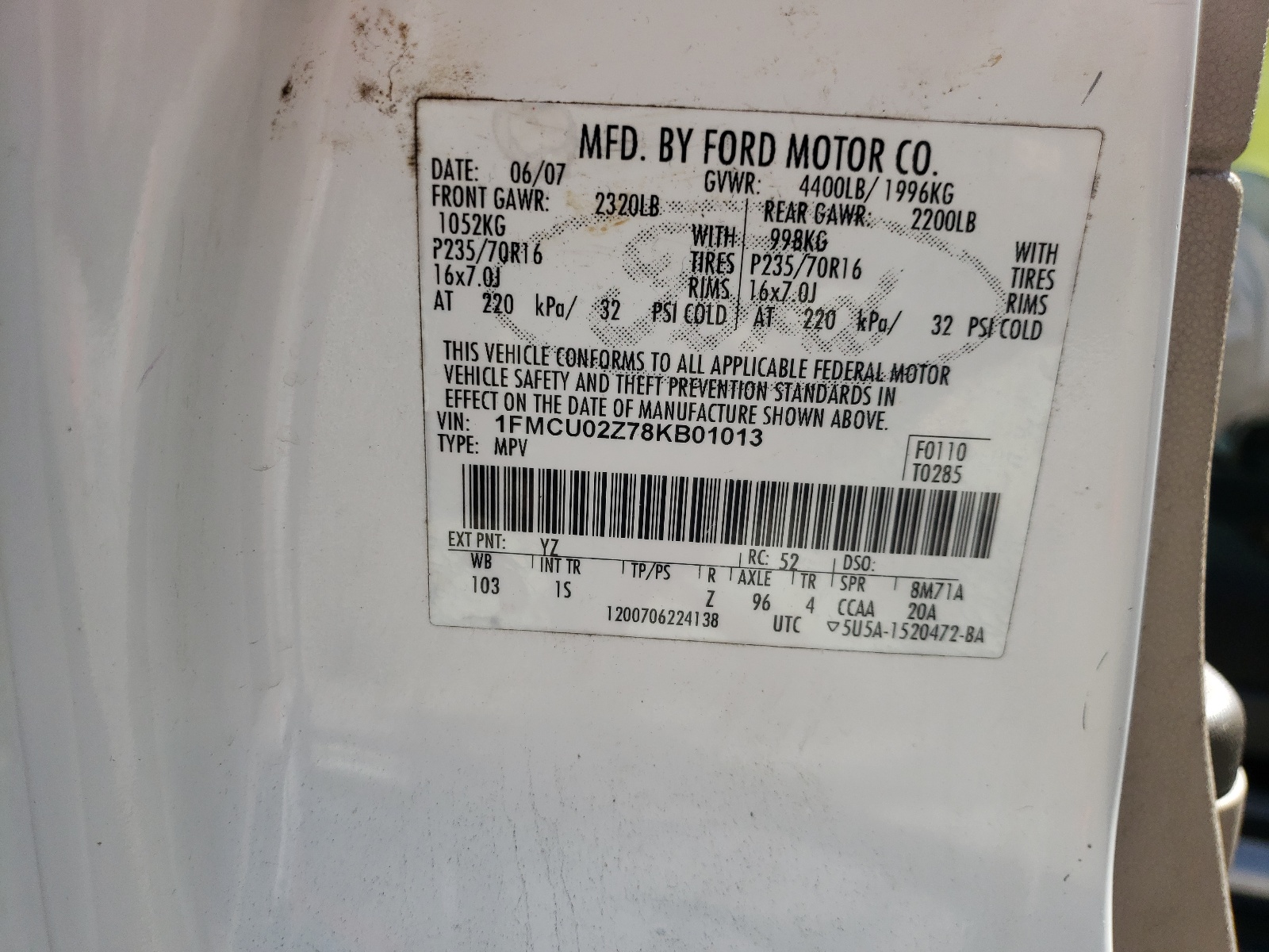 Photo 10 from auction – 2008 FORD ESCAPE XLS with VIN 1FMCU02Z78KB01013