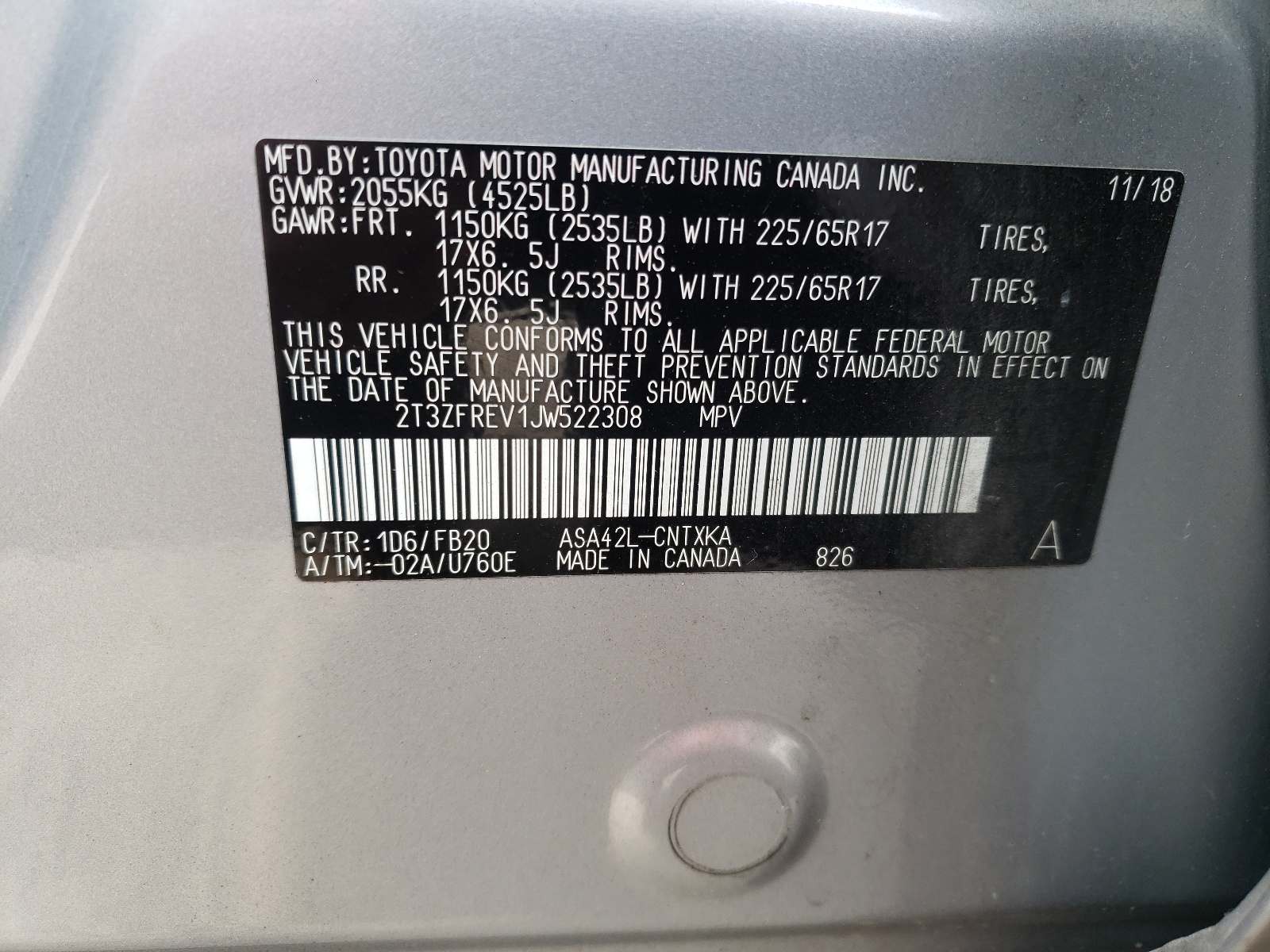 Photo 10 from auction – 2018 TOYOTA RAV4 LE with VIN 2T3ZFREV1JW522308